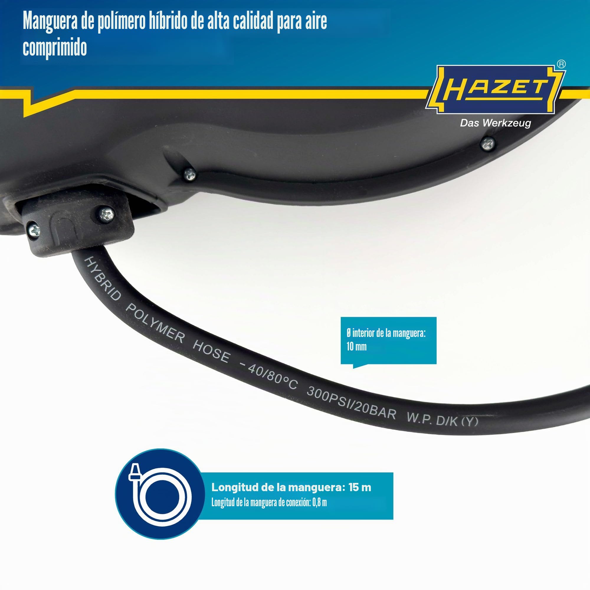 Enrollador de mangueras HAZET 9040N-10 I Longitud de la manguera: 15 m, diámetro interior de la manguera: 10 mm, presión máx.: 20 bar para aire comprimido y agua
