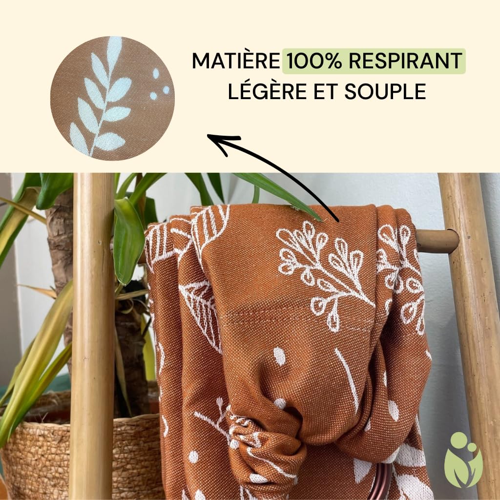 Naturioù - Ring Sling - Écharpe de Portage Sans Noeud Jacquard - 100% Coton - Motif Réversible - Botanie Caramel
