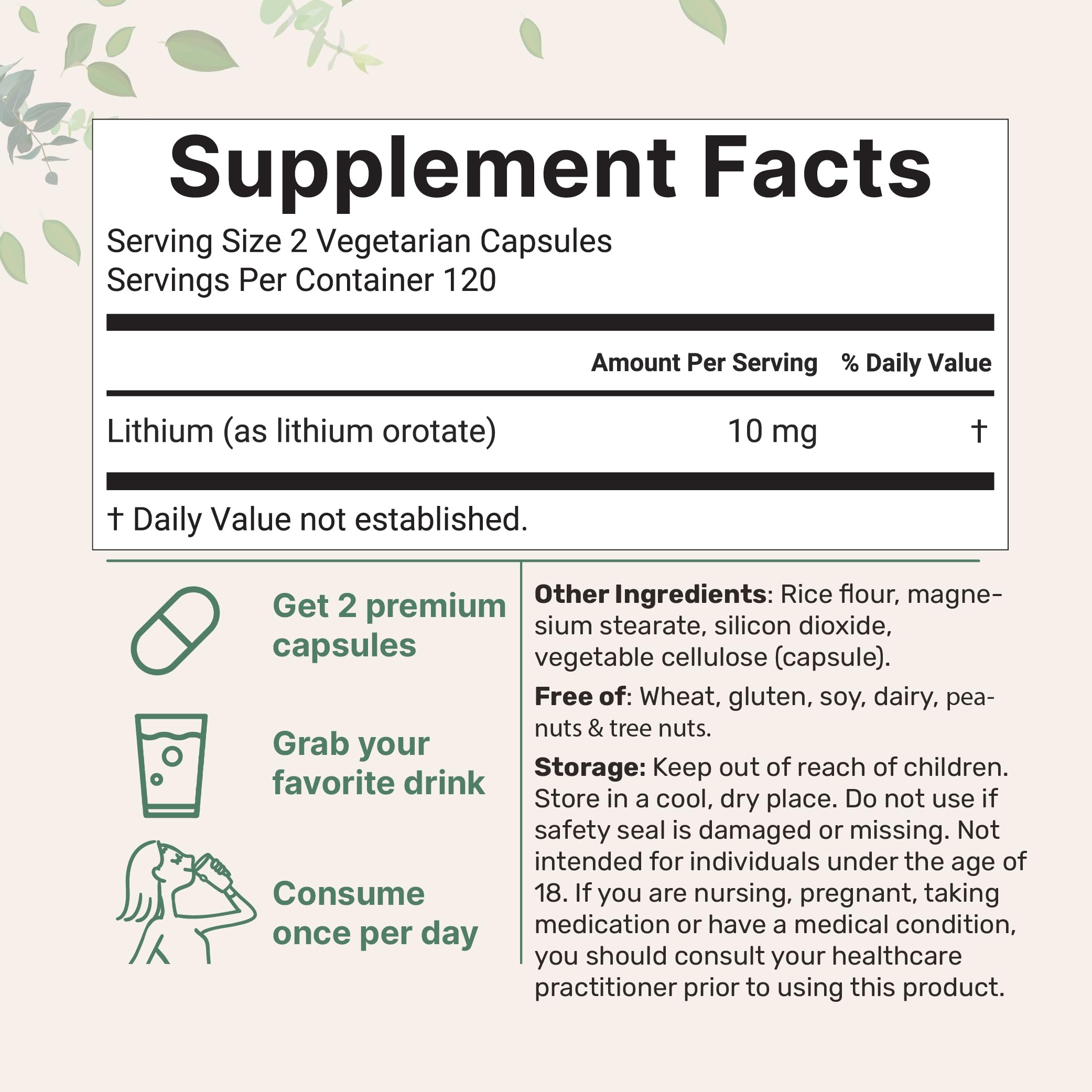 Lithium Orotate 10mg, 240 Veggie Capsules | 5mg Per Capsules | High Bioavailability Trace Mineral | Healthy Aging, Brain Supplement, & Mood Support | Non-GMO, Gluten Free — Amazon image 2