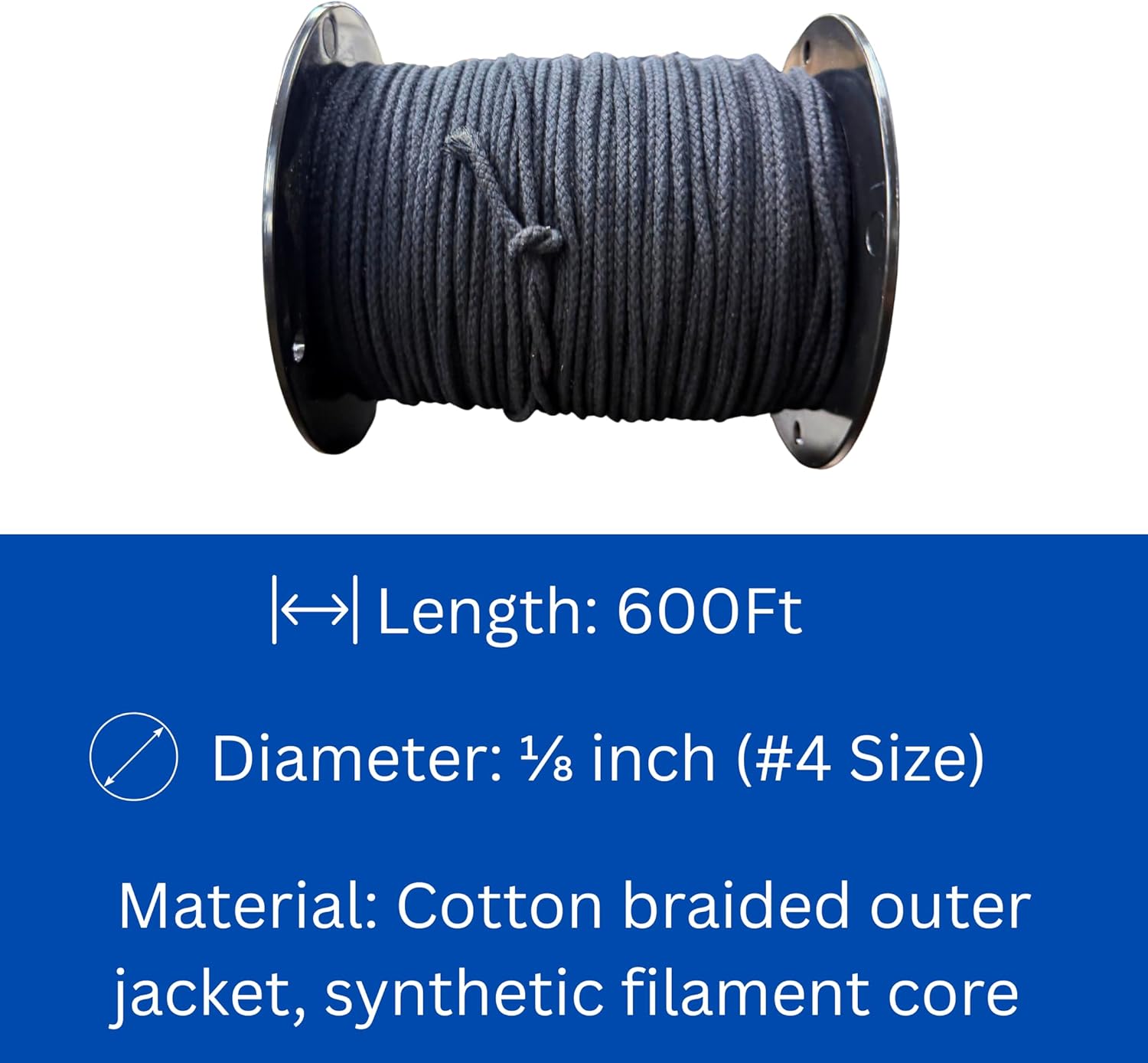 600 FT Black Trickline Rope #4 – Strong Cotton Braided Jacket with Synthetic Filament Core – Heavy Duty Utility Cord for Slacklines, Rigging, Crafts, and Everyday Use