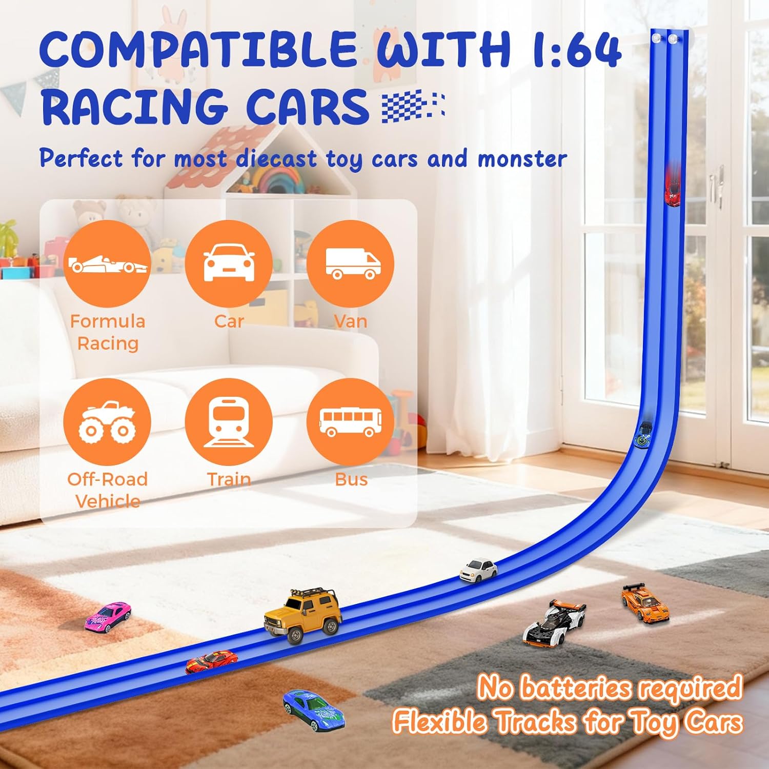 Flexible Race Track for Kids 3+, Flex Tracks 15 Ft Fun Set - DIY Flexible Car Track with 8 Race Cars & 4 Strong Suction Cups, Portable Blue Track Toy Birthday Gifts for Boys & Girls