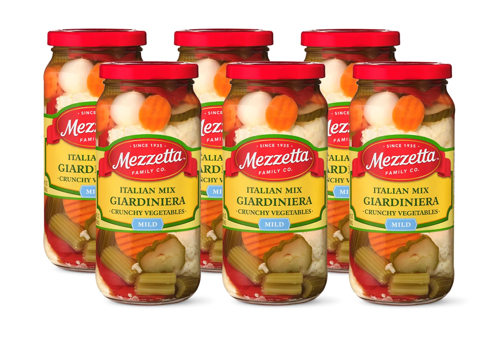 Mezzetta Italian Mix Giardiniera Mild - Crunchy Vegetables: Carrots, Cauliflower, Celery, Pickles, Red Bell Peppers, Onions - Ideal Snack/Dish Enhancer - Chicago Style Flavor - 16 Oz Jar - Pack of 6