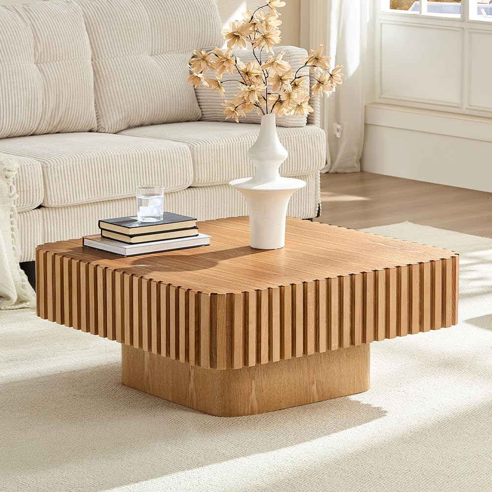 WILLIAMSPACE 35.43" Square Coffee Table with Sturdy Base, Modern Luxury Wood Drum Center Table Accent End Side Table for Living Room, Minimalist