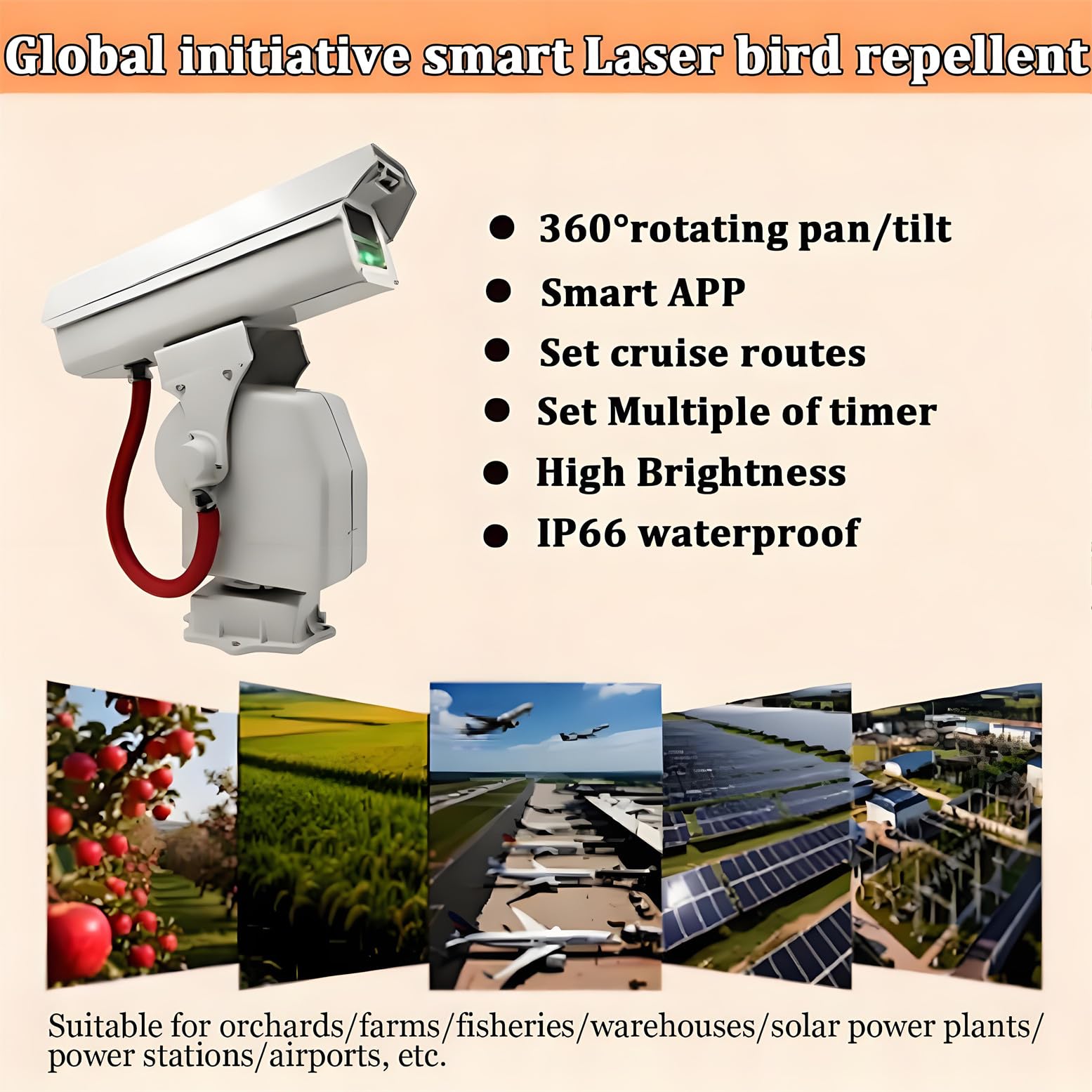 Ahuyentador automático de aves profesional, con rotación de 360°, control por aplicación, función de crucero y seguimiento, ideal para aeropuertos, granjas, huertos y parques solares. Starrysky