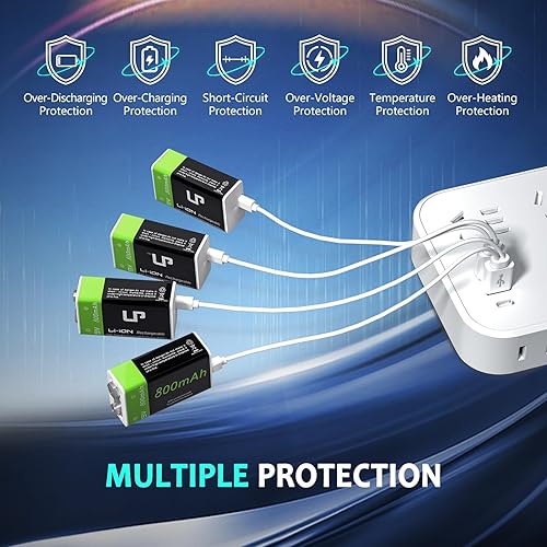 Miniatura 5 de LP Baterías recargables USB de 9 V, paquete de 4 baterías de 800 mAh de alta capacidad de 9 voltios con cable de carga micro, batería de iones de
