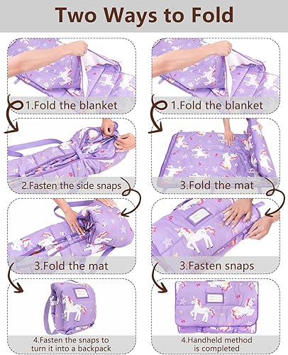 Miniatura 7 de Primlect Tapete para siesta para niños pequeños con almohada extraíble y manta de franela, saco de dormir portátil para niños, fácil de llevar,