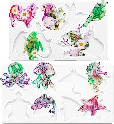 2 moldes de resina de silicona moldes de resina epoxi moldes de silicona de animales terrestres marinos para fundición de resina epoxi llavero