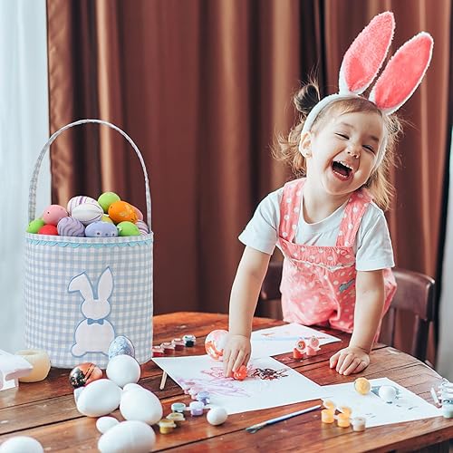 Miniatura 6 de DYSHAYEN Bunny Easter Basket, Gingham Empty Easter Bucket with Handle for Easter Egg Hunts Party Favor Decorations (Blue)