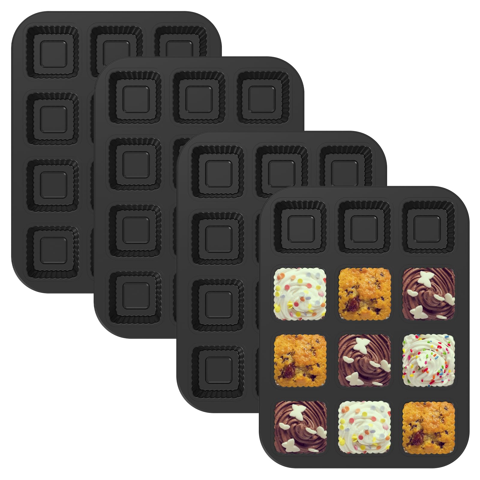 Lot de 4 moules à muffins carrés en acier au carbone anti-adhésif, 12 cavités, faciles à nettoyer, multi-usages avec bord ondulé pour la cuisson au four (noir)