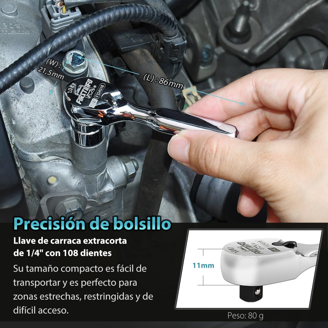 FIRSTINFO F32431B Llave de carraca 1/4″(6,35 mm) – cabeza sellada 108 dientes | mango reversible compacto | cabeza cerrada a prueba de polvo en forma de lágrima