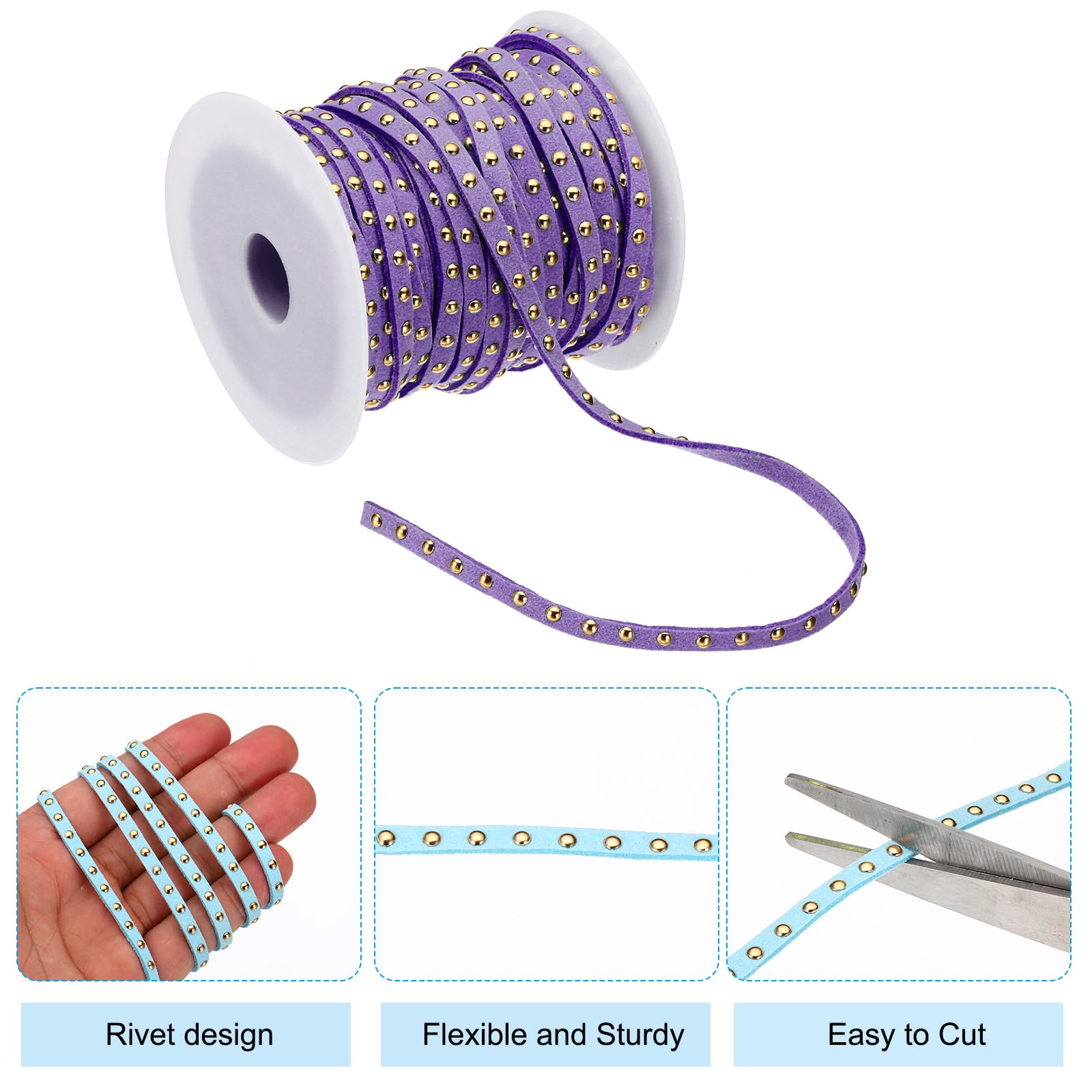 PATIKIL 65.6ft Studded Faux Suede Cord Rope for Jewelry Making 5mm Micro Fibre Flat Leather Lace Beading String Ribbon with Rivets - Image 3