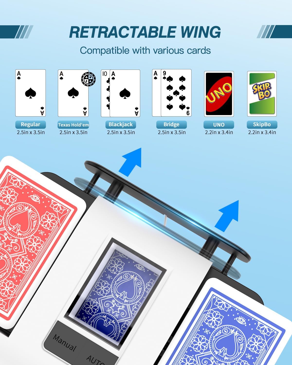 Automatic Card Shuffler, Rechargeable Cards Shuffler Machine with AUTO & Manual Mode, 1-2 Decks Low Noise Electric Shuffling for Poker, UNO, Texas, Blackjack, Skip-Bo, Bridge, Phase 10