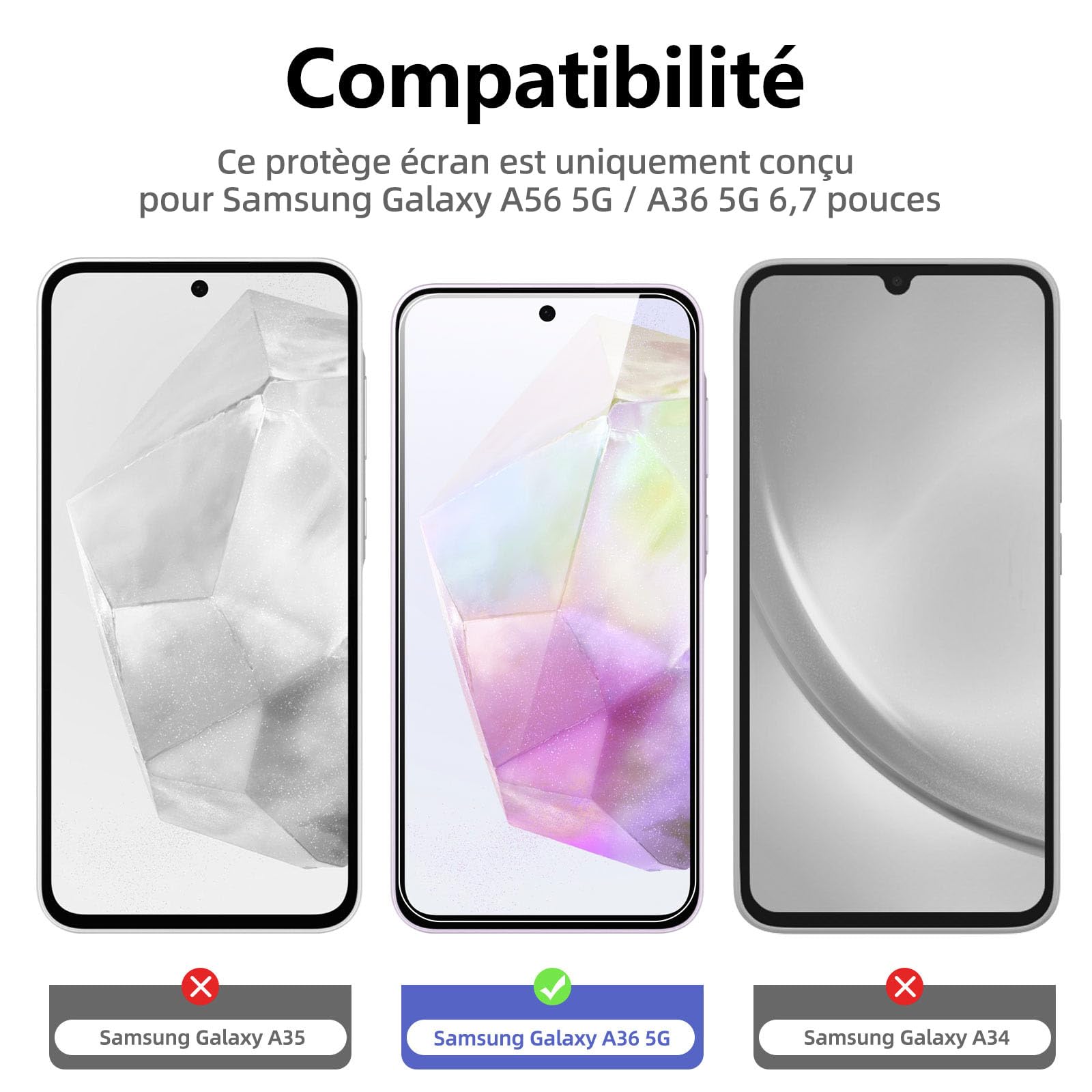 NEW'C Lot de 3, Verre Trempé pour Samsung Galaxy A56 5G / A36 5G Film en Protection écran efficace contre les Rayures - sans Bulles - Ultra Résistant (0,33mm HD Ultra Transparent) Dureté 9H Glass
