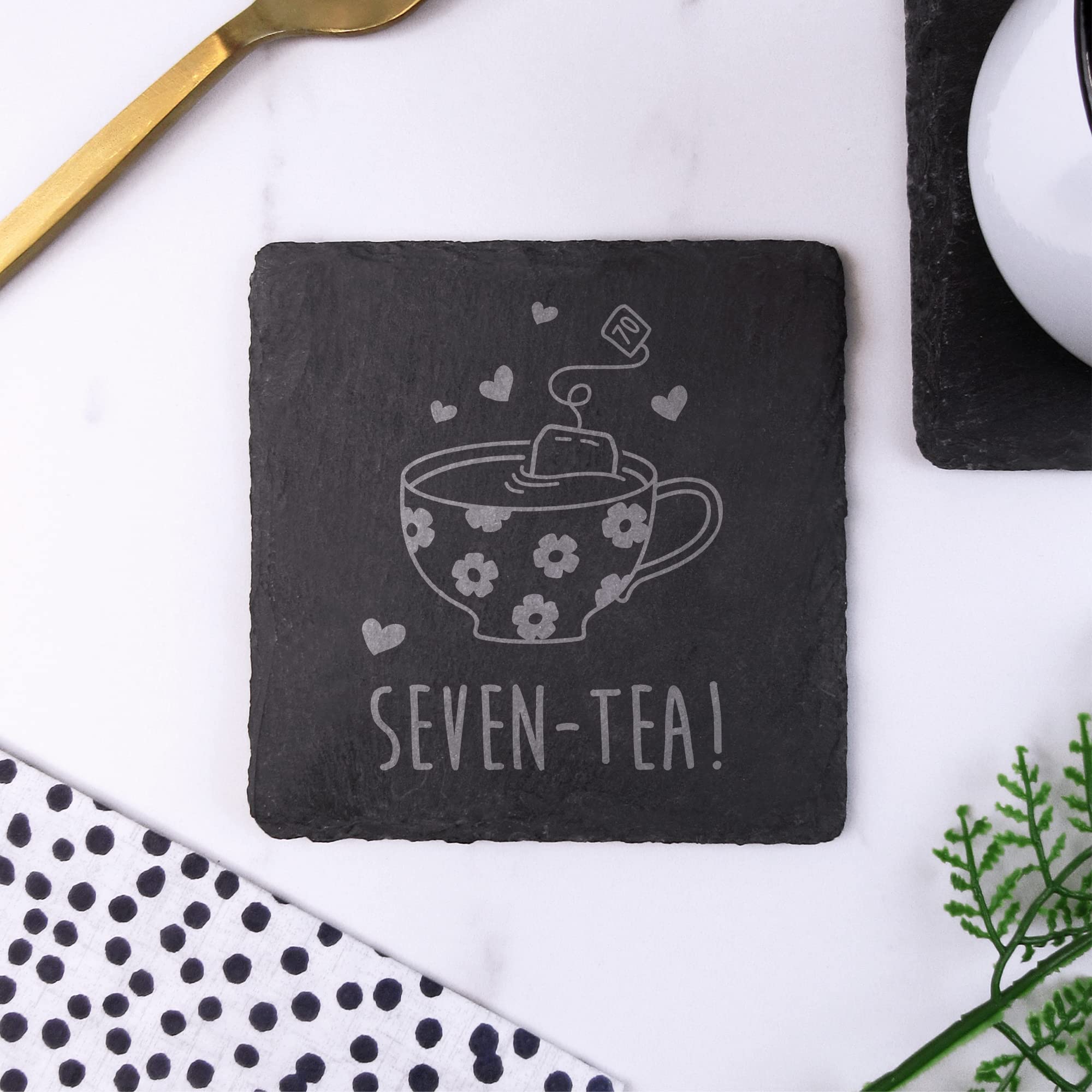 eBuyGB Engraved Square Slate Coaster -Seven-Tea Design - 70th Birthday Gifts for Women, Her - Seventieth Birthday Gift for Mum, Grandma - Drinks Mat