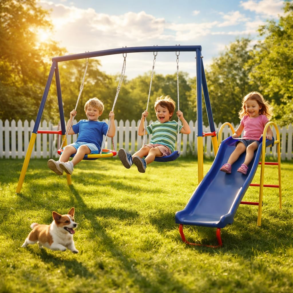 DECORLIFE Swing Set for Backyard, 3 in 1 Metal A-Frame Swing Set with Slide, Saucer Swing & Belt Swing for Kids, Outdoor Playset with 6 Ground Stakes, Easy Assembly