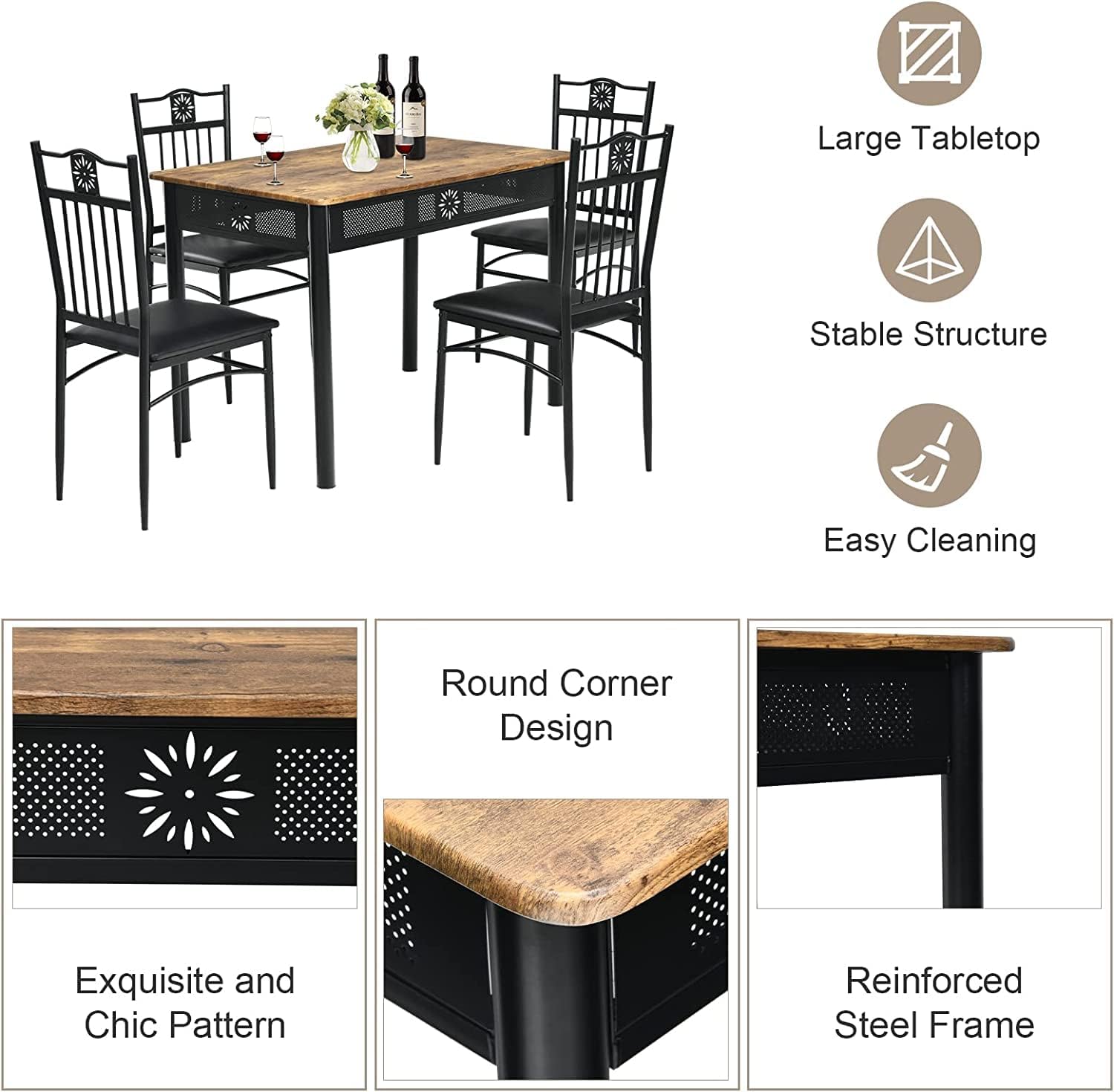 Mid Century Modern Dining Table Set for 4, 5-Piece Dining Room Table Set with Metal Frame and Padded Seat, Small Kitchen Table and Chairs for Small Spaces (Black)
