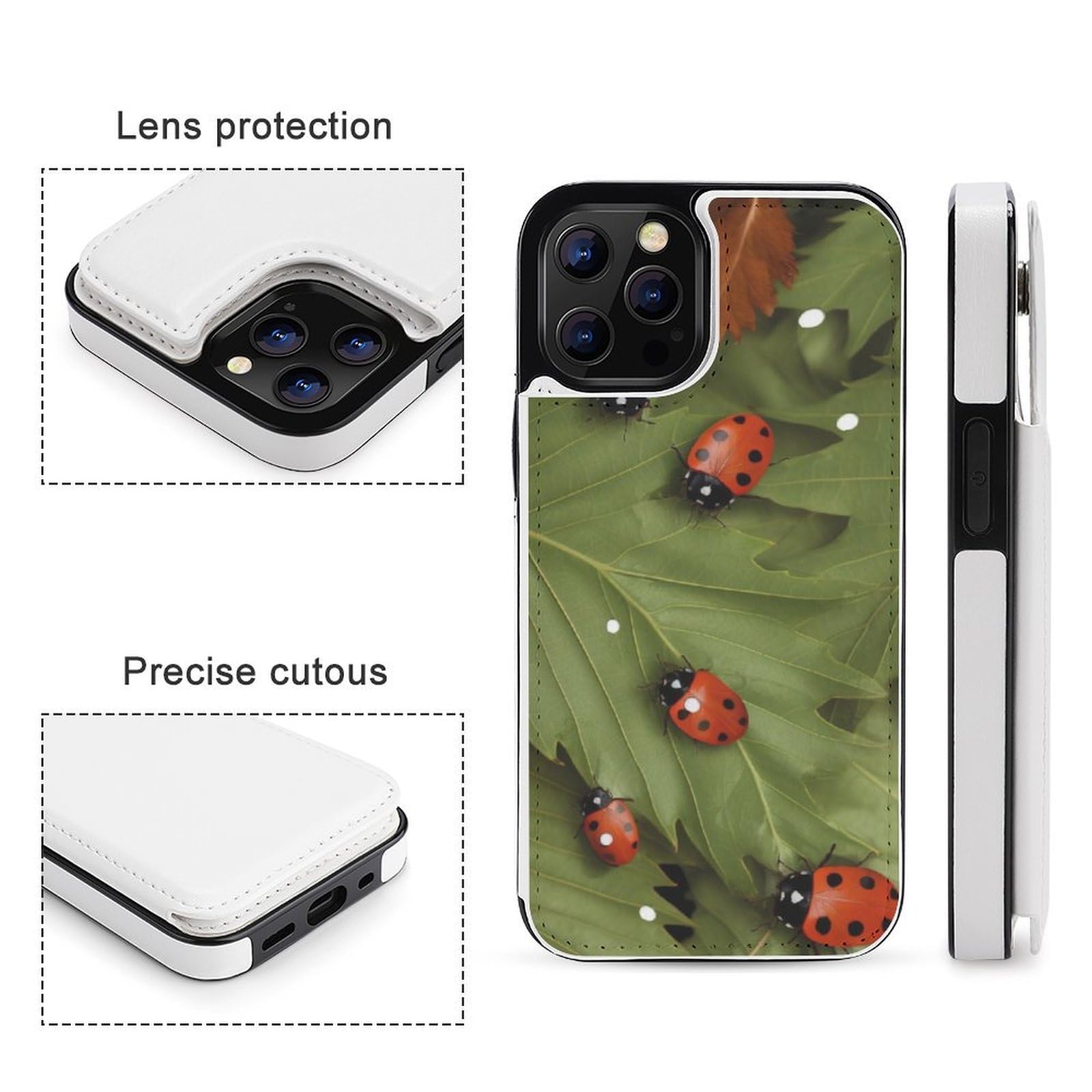 Fundas tipo cartera para iPhone 12 Pro, estampado de hojas y mariquitas, funda de piel con ranuras para tarjetas