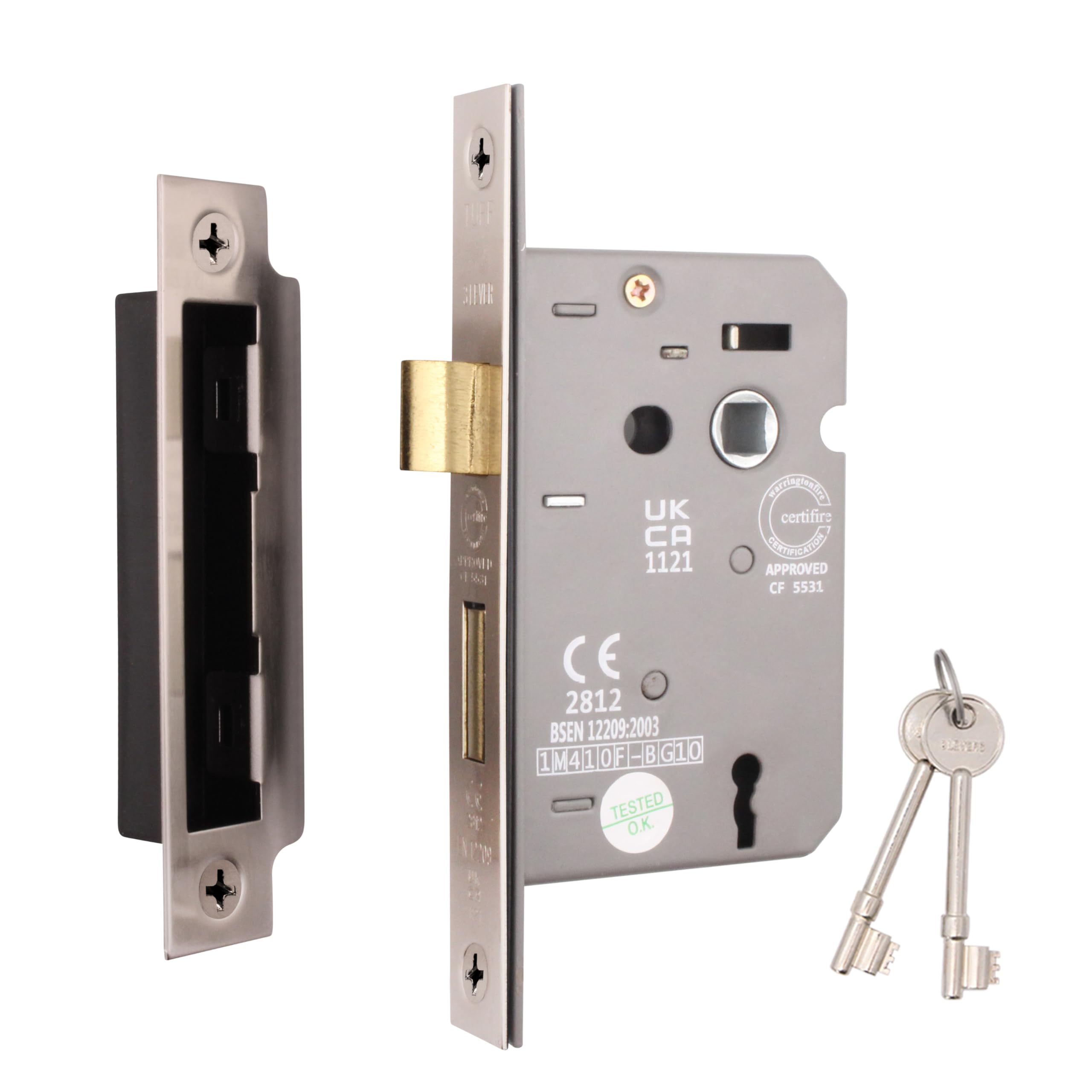 Eai Satin Nickel Sashlock - Fire Rated & Ce Approved Mortice Door Lock & Keys 64Mm / 2.5 Inch