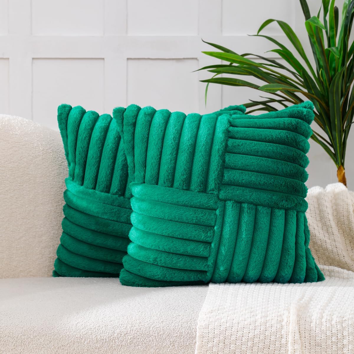 All Smiles Couch Decorative Throw Pillow Covers 26X26 Set of 2 Faux Fur Plush Soft Fluffy Velvet Cushion Case Cozy Fuzzy Striped Pillowcase Home Decor for Sofa Living Room Bedroom,Navy