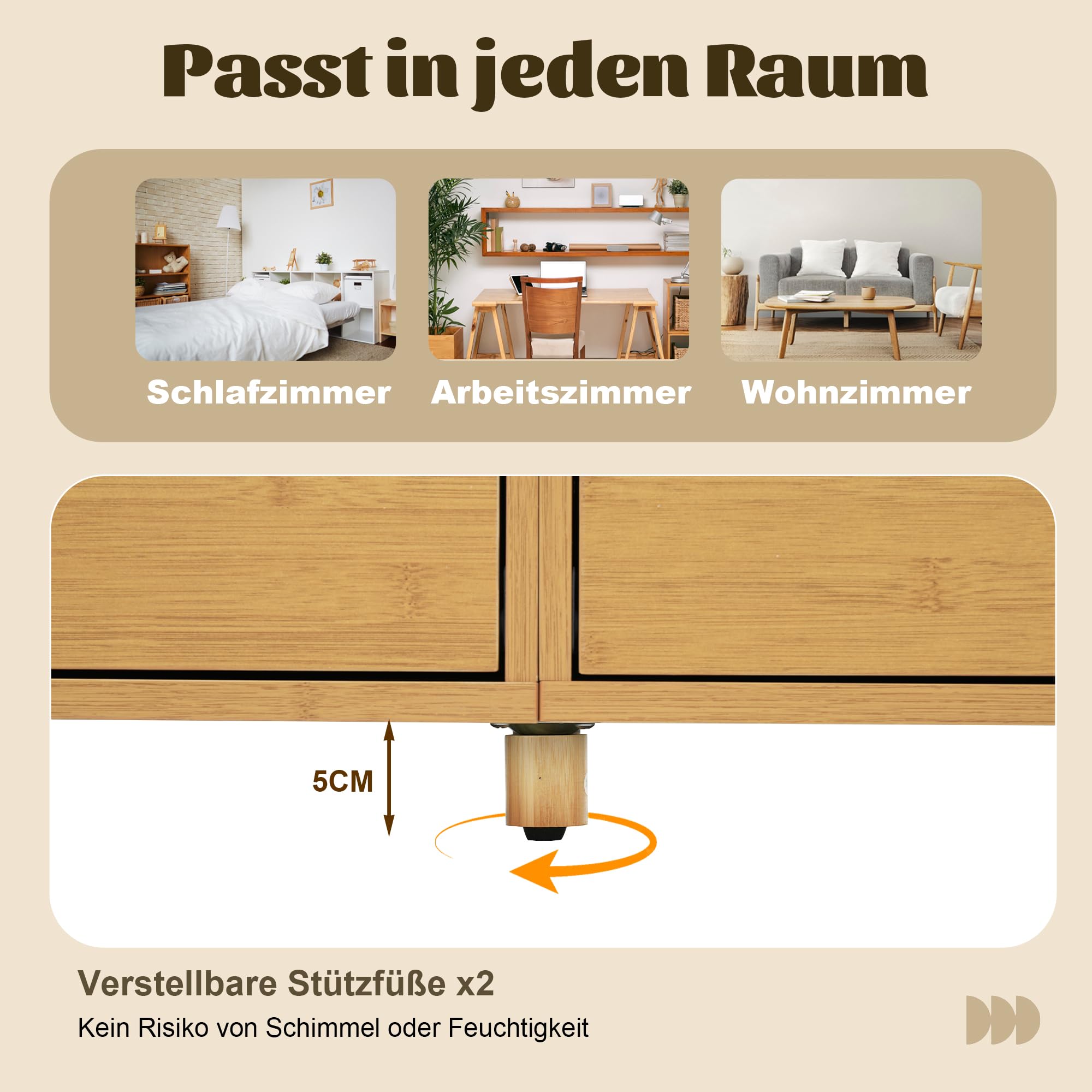 Kommode Sideboard 160 cm Eiche – Römisches Design mit Säulen, 6 Schubladen & Bambus-Regalen, Höhenverstellbare Füße, Stilvoller Stauraum für Wohnzimmer & Flur (Eiche Natur)