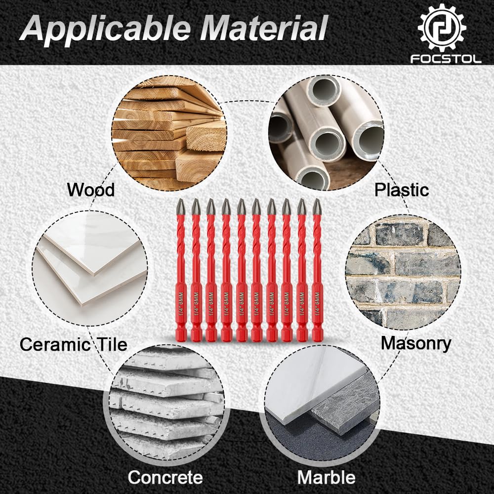 FOCSTOL Set Punte Trapano a Secco - Set Punte in Carburo con con Codolo Esagonale a Cambio Rapido per Legno Plastica Ceramica Piastrelle Materiale Morbido 10 pezzi 6mm