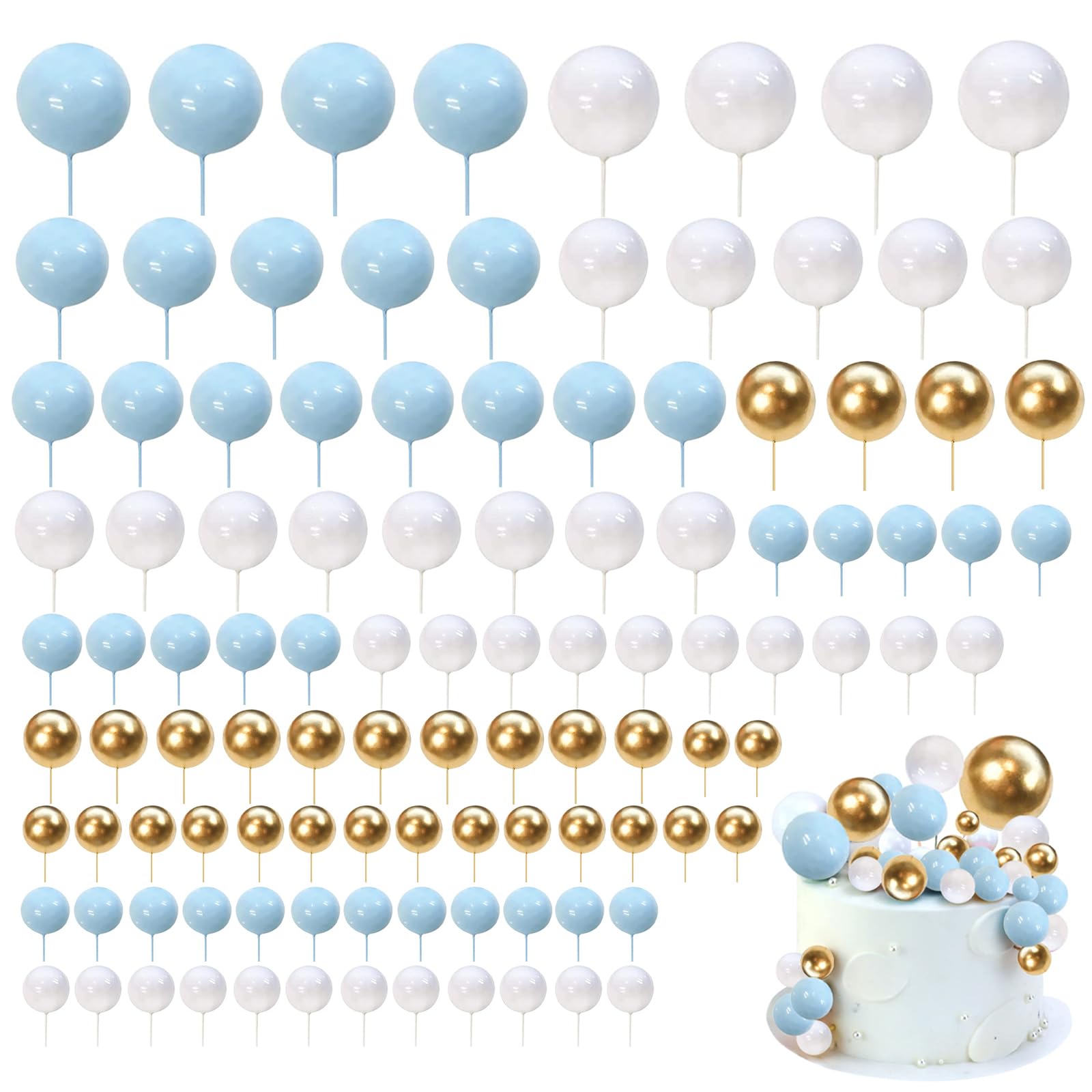 Ball Cake Topper Decorations, 108 Pcs Mini Balloons Cake Topper Sticks, Foam Round Ball Cake Toppers for Wedding Party Birthday Cake Decorating (Sky Blue, White, Gold)