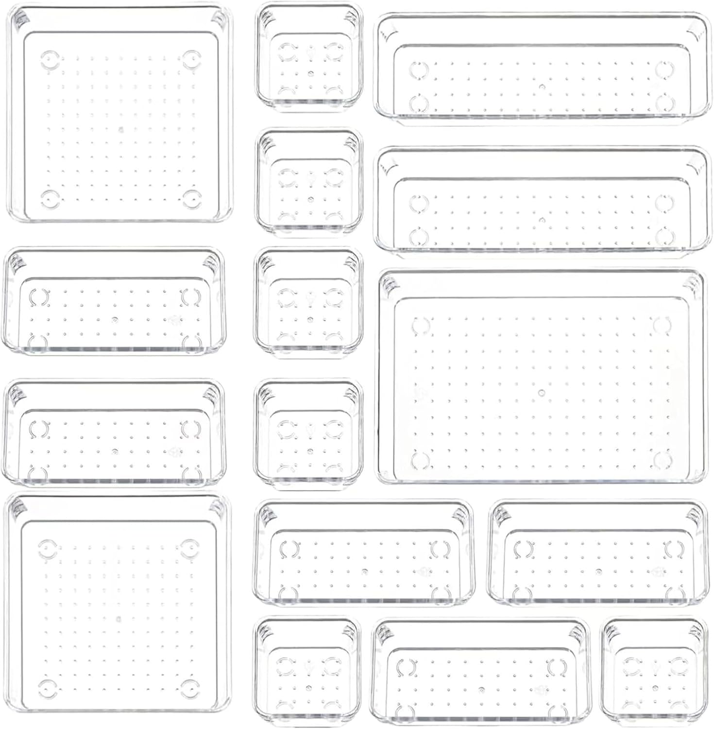 16 PCS Clear Drawer Organizers Set, 5 Varied Size Bathroom and Kitchen Drawer Cabinet Organizer Trays, Clear Plastic Desk Drawer Divider Organizers and Storage Bins for Makeup,Jewelry,Gadgets,Office