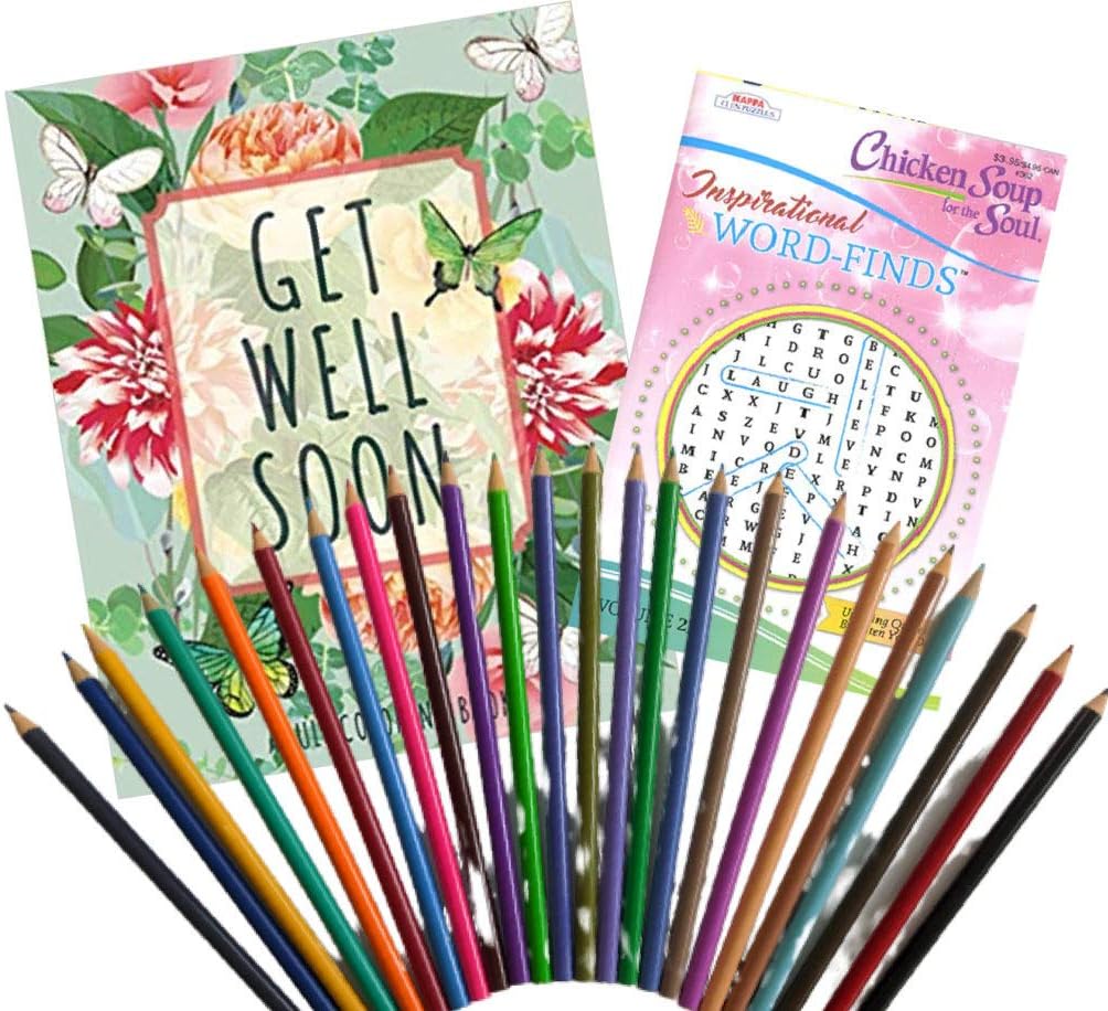 Clear Canyons Get Well Gift Package for Women - Get Well Soon Coloring Book, Chicken Soup for The Soul Word Find Book and 24 Colored Pencils