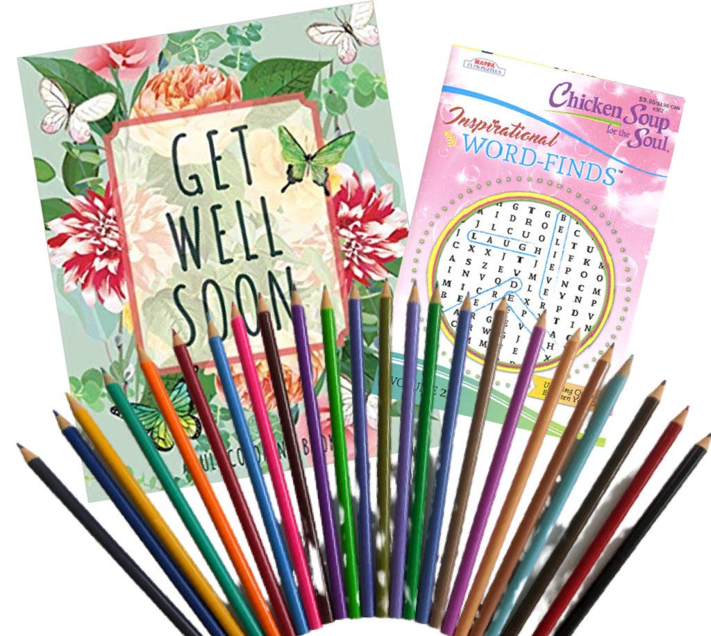 Clear Canyons Get Well Gift Package for Women - Get Well Soon Coloring Book, Chicken Soup for The Soul Word Find Book and 24 Colored Pencils