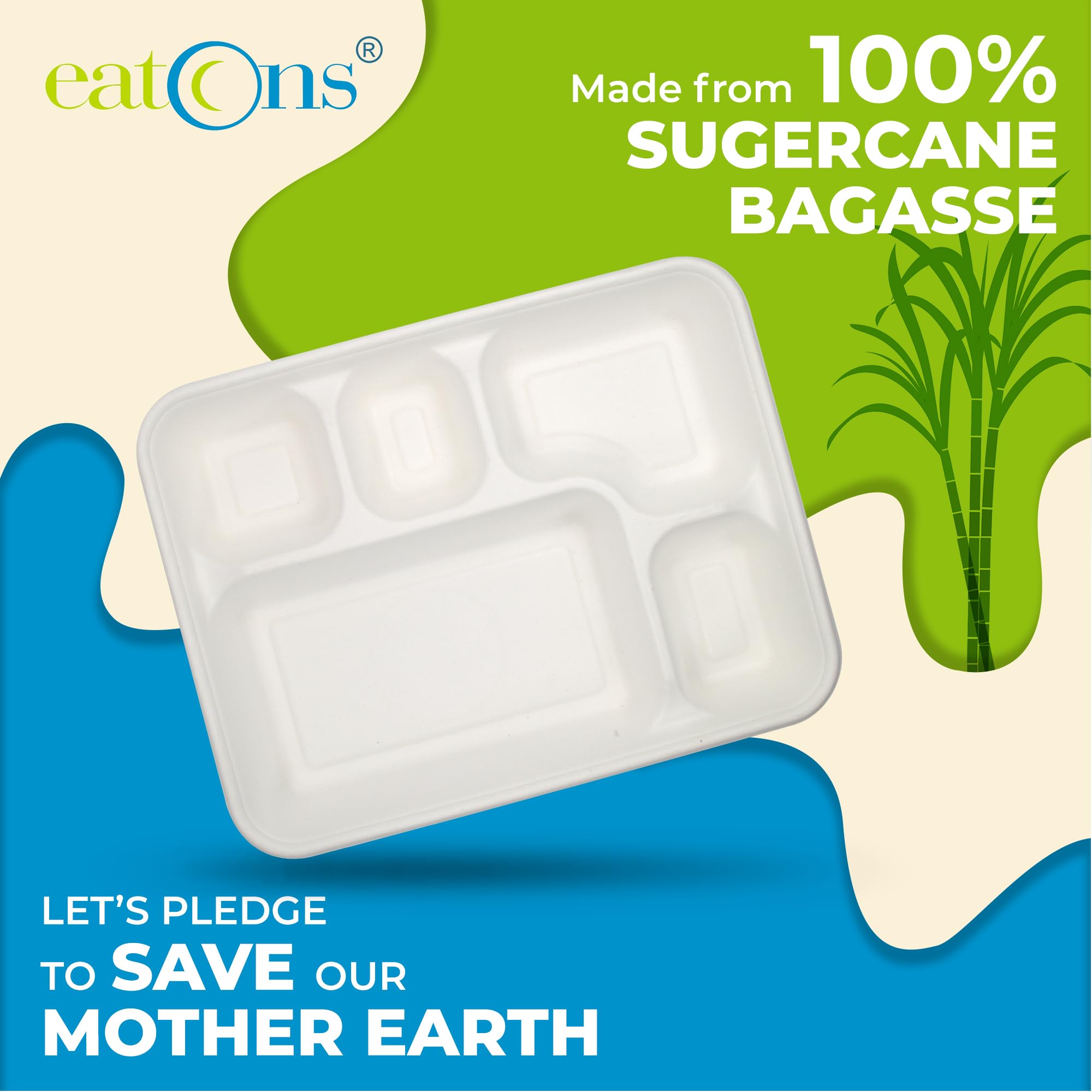 EATONS 5-Compartment Bagasse Disposable Plates with Lid | Eco-Friendly Biodegradable Sugarcane Paper Plates | Thali | Serve Dinner | Birthday Party, Wedding, Bhojanam | Rectangular | White (100 Pack) 1