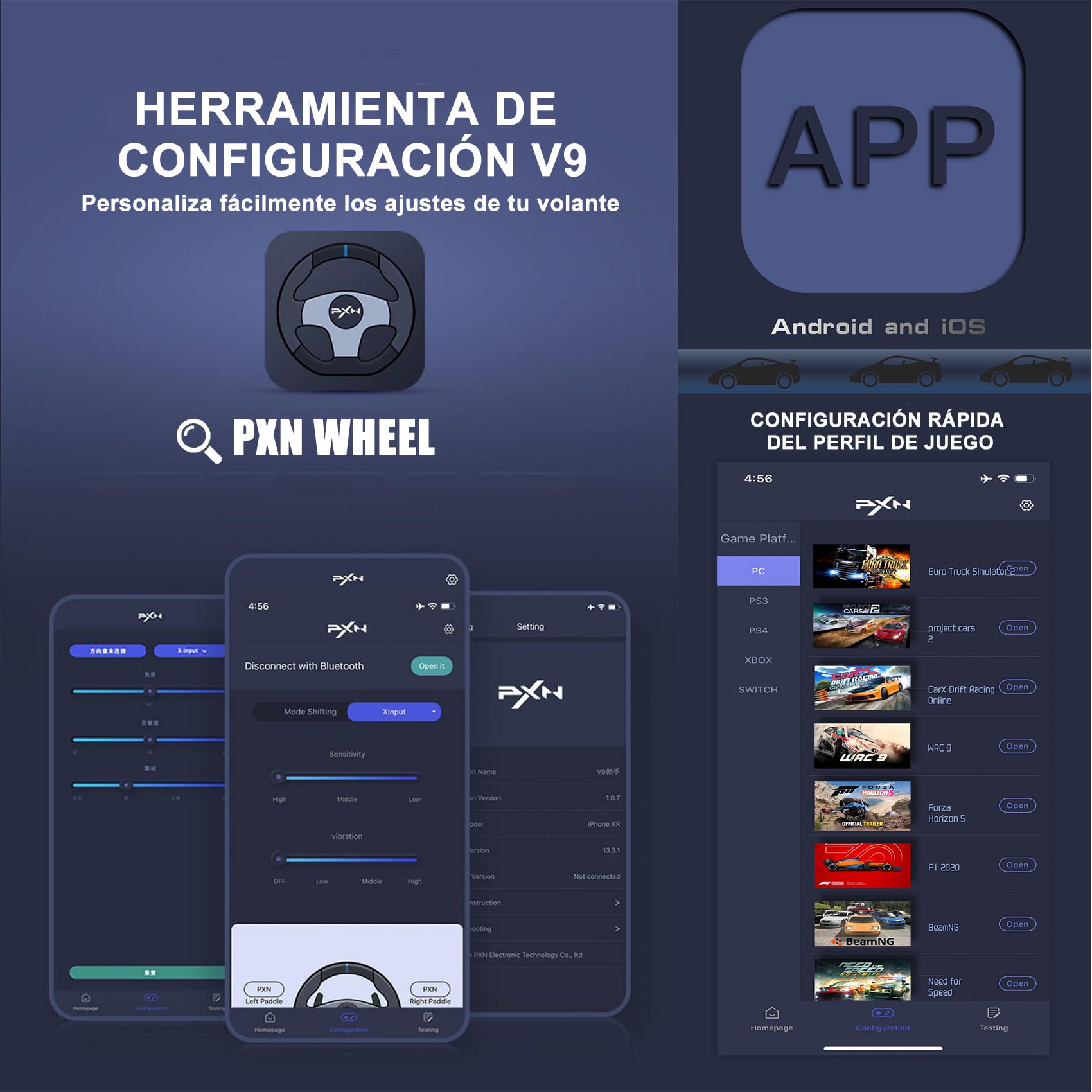PXN V9 Volante de Carreras de 270/900° con Pedales y Palanca de Cambios y Feedback Vibración, con Tool App, Volante para PC, Xbox, PS4, y PS3