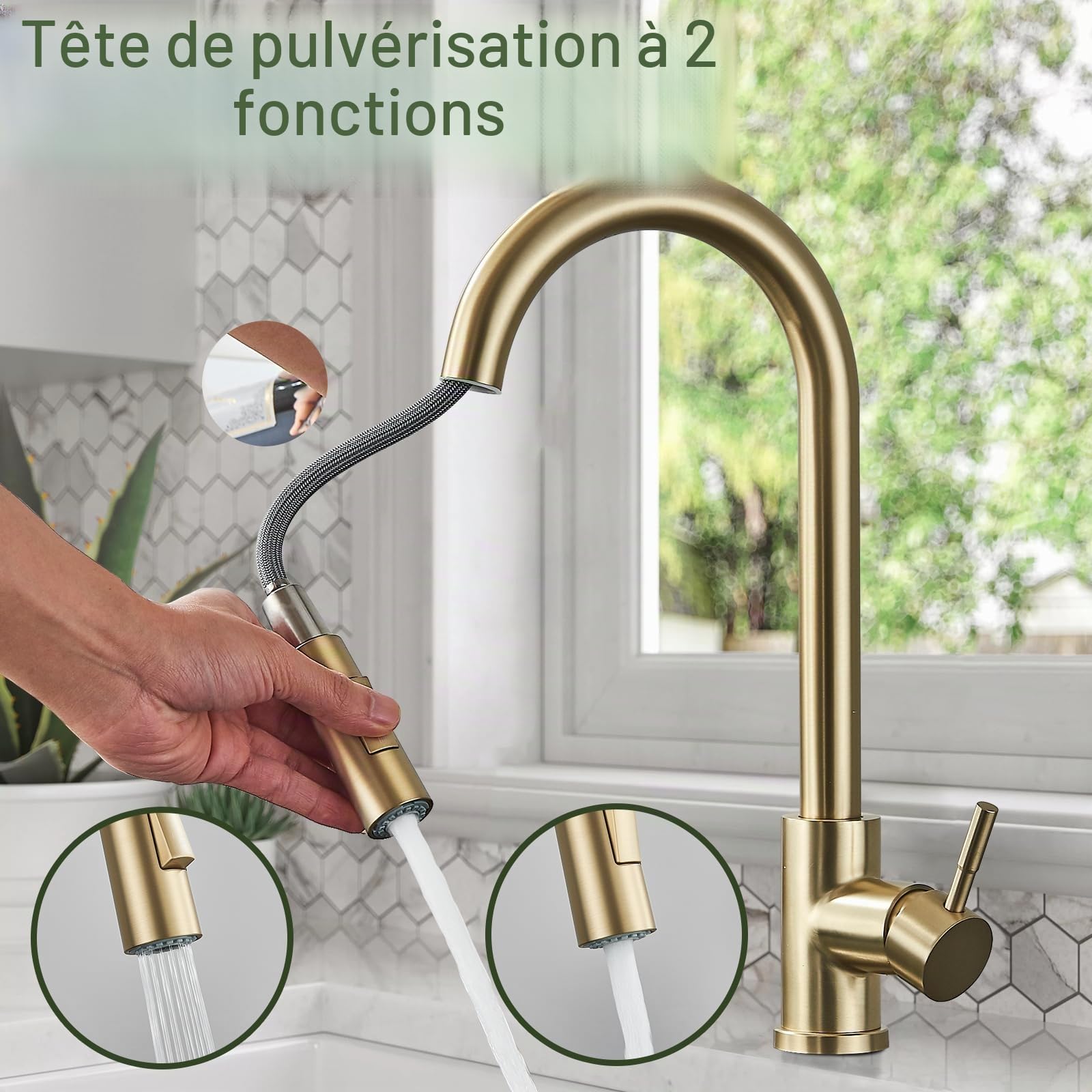 Suguword Robinet de cuisine doré brossé avec douchette à tirette, bec à grand arc, mitigeur à poignée unique en acier inoxydable, tête de pulvérisation à double fonction