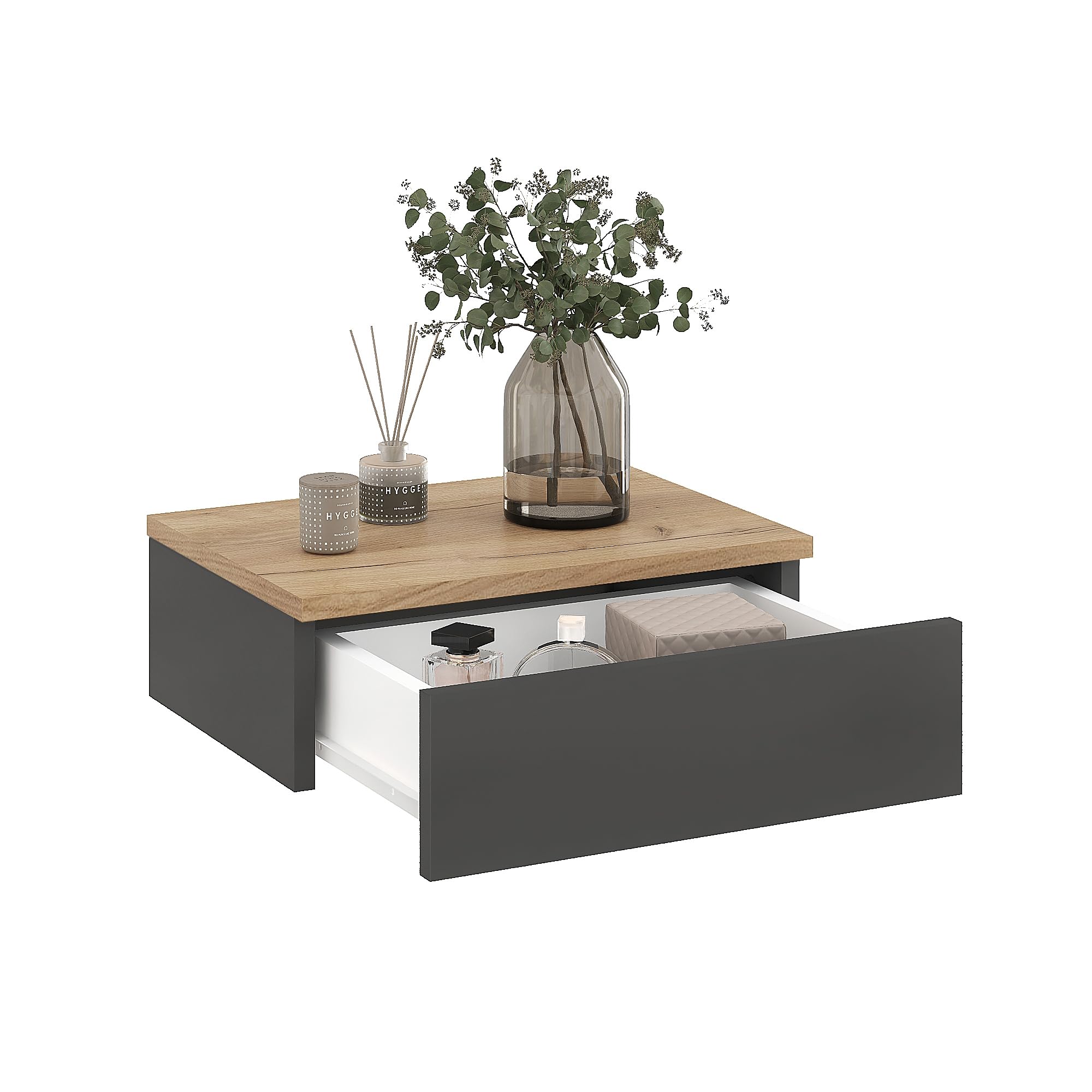 KOMTO Wandregal mit Schublade Eiche Gold/Anthrazit - Monaco 42 x 30 x 15 cm