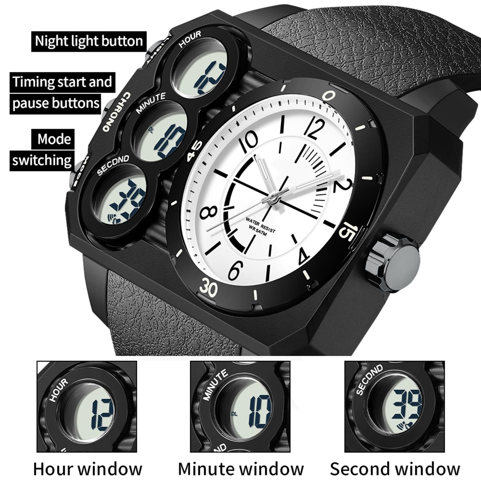 findtime Orologio angolare da uomo, digitale, analogico, grande, militare, 5 ATM, impermeabile, sportivo, da uomo, per attività all'aperto, cronometro, coutdown 12/24H, tre fusi orari, di lusso per