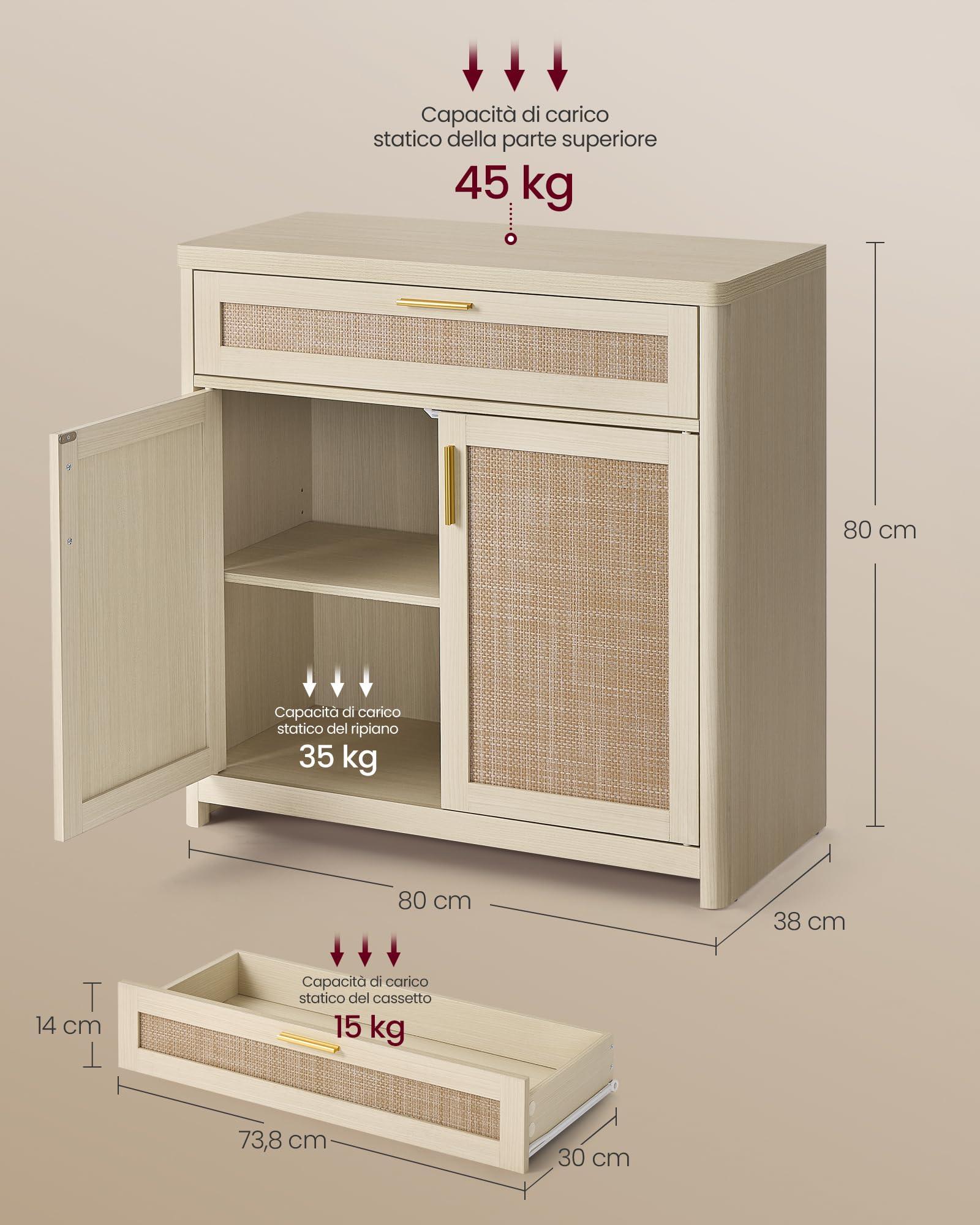 VASAGLE ELLAN Collezione - Credenza in Stile Boho con Ante Effetto Rattan, Mobile da Cucina, Angoli Arrotondati, Ripiano Regolabile, Cassetto, Sala da Pranzo, Beige Naturale BBK601LC01