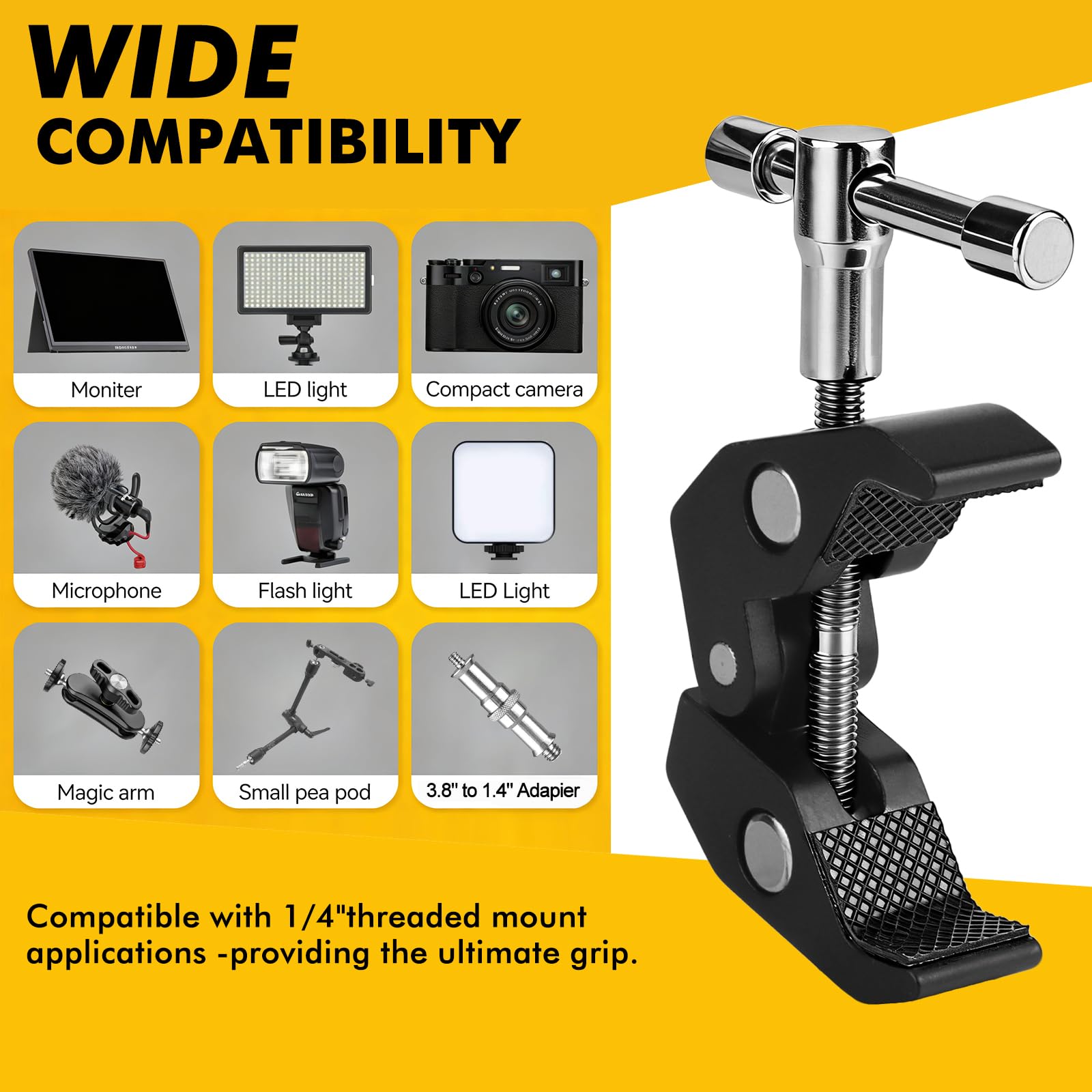 2 Pezzi Super Clamp, Morsa Supporto Cavalletto, Super Clamp con Filettatura 1/4, Supporto Fotocamera, Scrivania Parete Pannello Clip per Fotocamere, Luci, Ombrelli, Ganci, Mensole