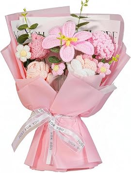 Crochet Flowers Bouquet 8PCS, Handmade Knitted Artificial Crochet Flower Gifts - Tulips Roses Daisies Carnations, Preserved Flowers for Mothers Day Valentines Day Birthday Home Decor- Pink Pink
