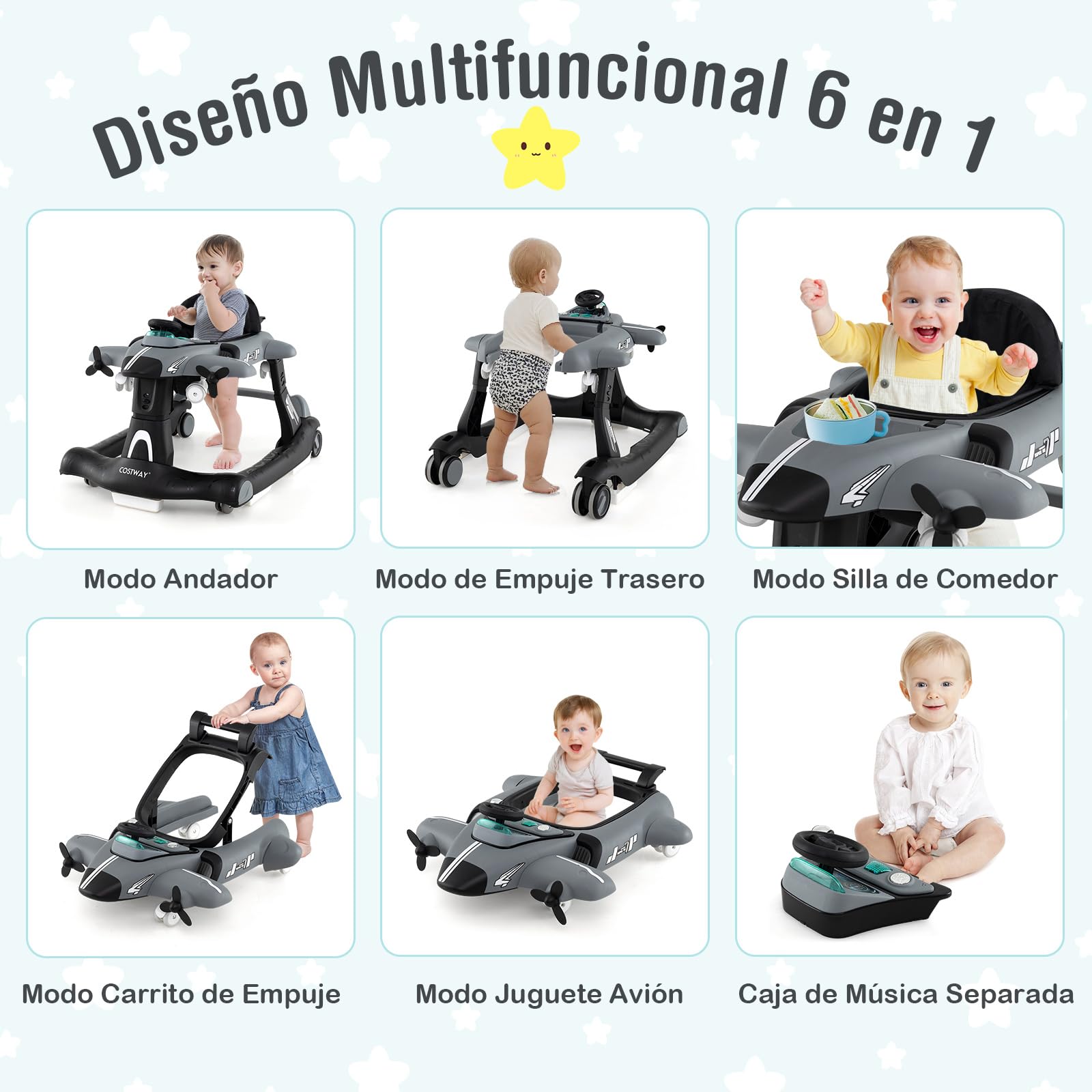 COSTWAY 6 en 1 Andador Bebés, Andador Plegable de Avión, Altura Ajustable en 3 Niveles, 6 Ruedas Universales, Caja de Música Extraíble, Tacata Bebes, Caminador Bebe para Niños de 6-18 Meses (Gris)