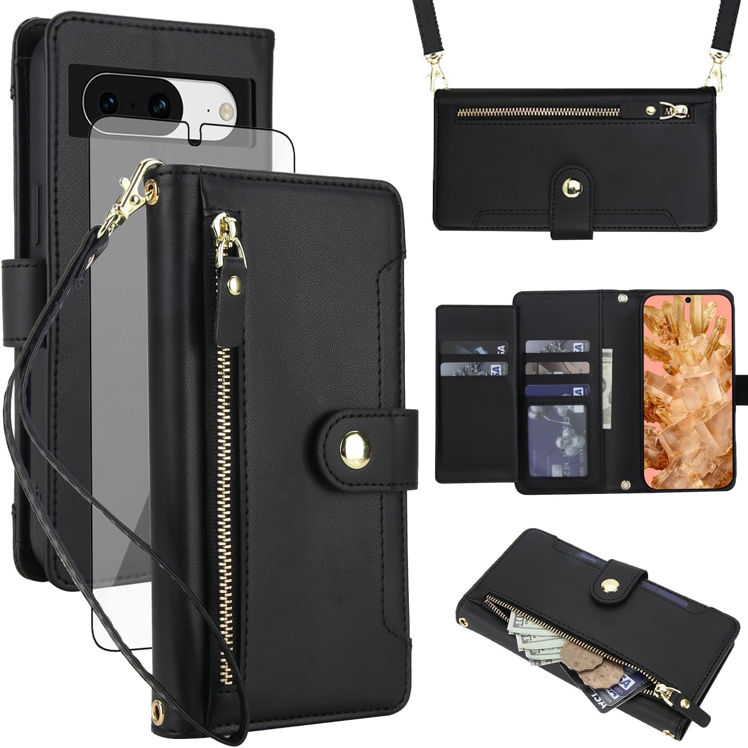 Asuwish Phone Case for Google Pixel 8 5G Zipper Wallet Cell Cover, with Tempered Glass Screen Protector and Crossbody Wrist Strap, Kickstand Flip Credit Card Holder Pixel8 Eight Women Girls Black
