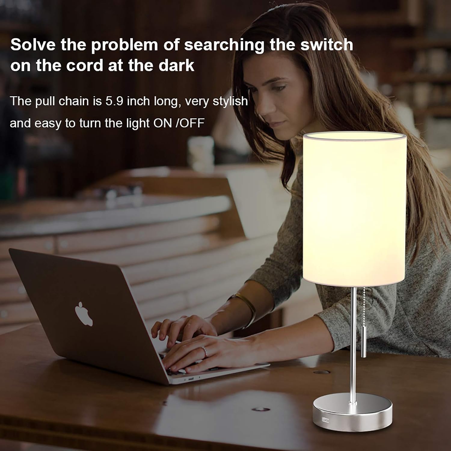 DEEPLITE Small Table Lamp, Bedside Lamp with USB Port, Simple Designed Modern Lamps for Bedrooms Living Room Office Nightstand Side/End Table, Brushed Nickel Metal Base, White Lampshade (Set of 2)