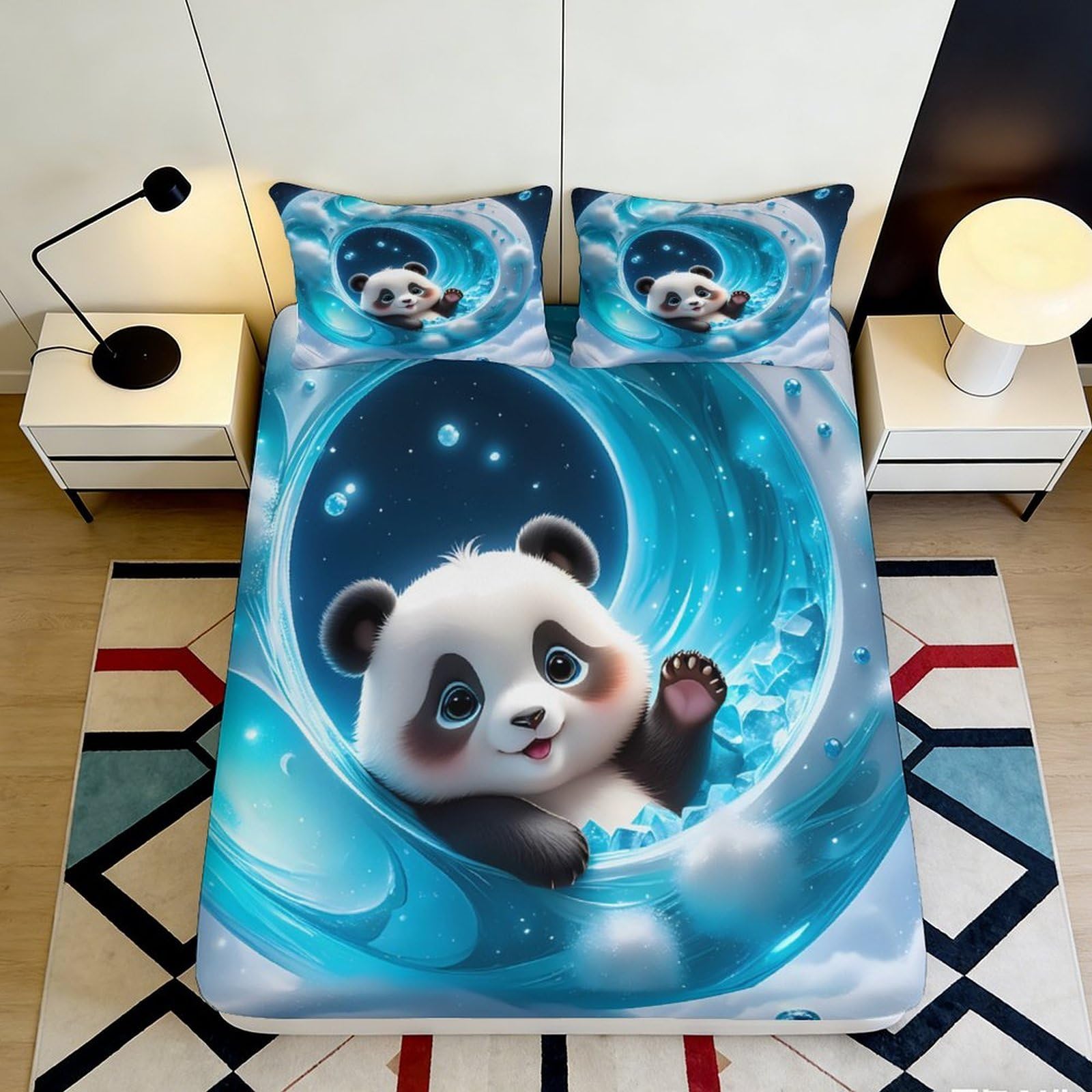 Uynsixtme Style-4 3D Printed Panda Fitted Sheet Microfiber Deep Pocket Non-Slip Bedroom Bedding Panda Mattress Fitted Cover Washable Mattress Protection 200X200x25cm