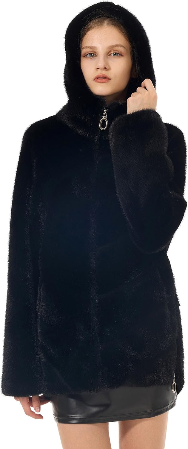 Women's Faux Fur Coat Zip Up Hoodie Faux Mink Fur Fluffy Open Front Hooded Jacket Fall Winter Coats with Pockets - Image 7