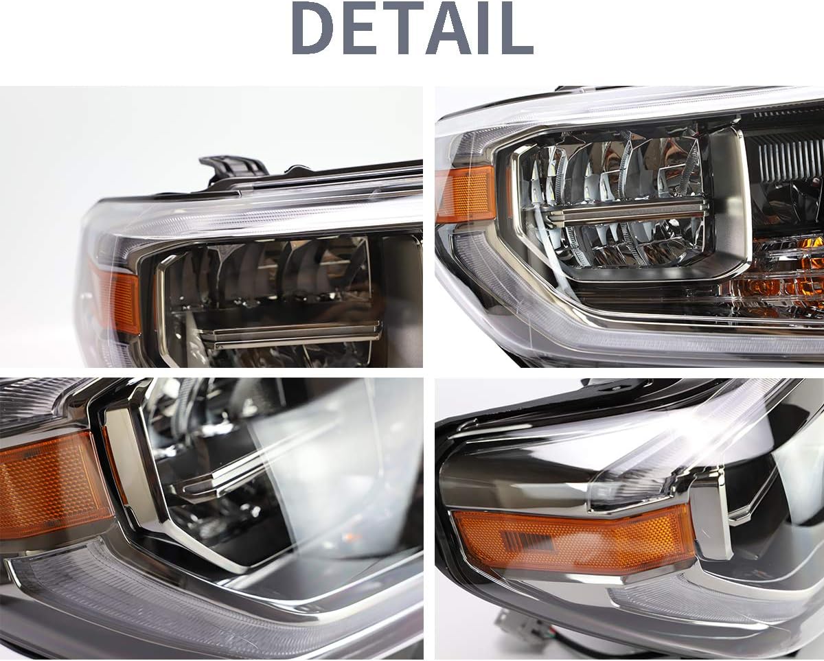 VLAND LED Headlights Compatible for Toyota Tundra Pickup 2014 2015 2016 2017 2018 2019 2020 2021 with Sequential Turn Signals Fiber Optic DRLs YAA-TDR-2045, Chorme