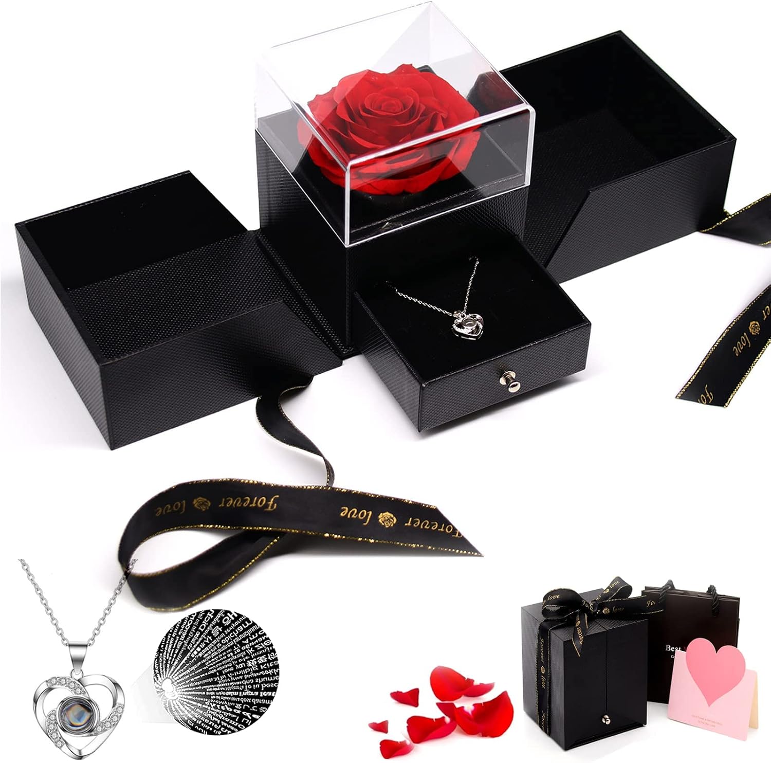 iBccly Preserved Rose with Love You Necklace in 100 Languages Gift Set, Enchanted Eternal Rose Flower for Valentine's Day Anniversary Wedding Bthday Romantic Gift