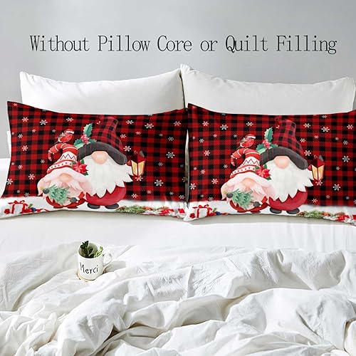Miniatura 4 de LUVIVIHOME Juego de funda de edredón de Navidad de 3 piezas, tamaño Queen, funda de edredón de búfalo negro y rojo, gnomo navideño, Papá Noel,