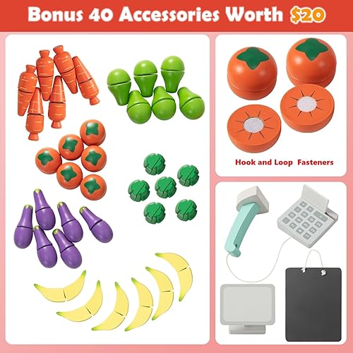 Miniatura 4 de INFANS Juguete de mercado de comestibles, soporte de mercado de madera, juego de simulación con pizarra de tiza, caja registradora, 36 piezas de