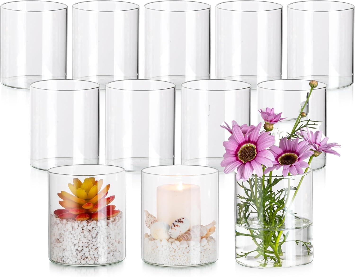ZOFUN 12 jarrones de cristal de 10 cm altos para decoración de mesa, 10 x 8,5 cm, jarrón de cristal grande, transparente, cilindro, redondo, florero, florero, cilindro de cristal, jarrones pequeños