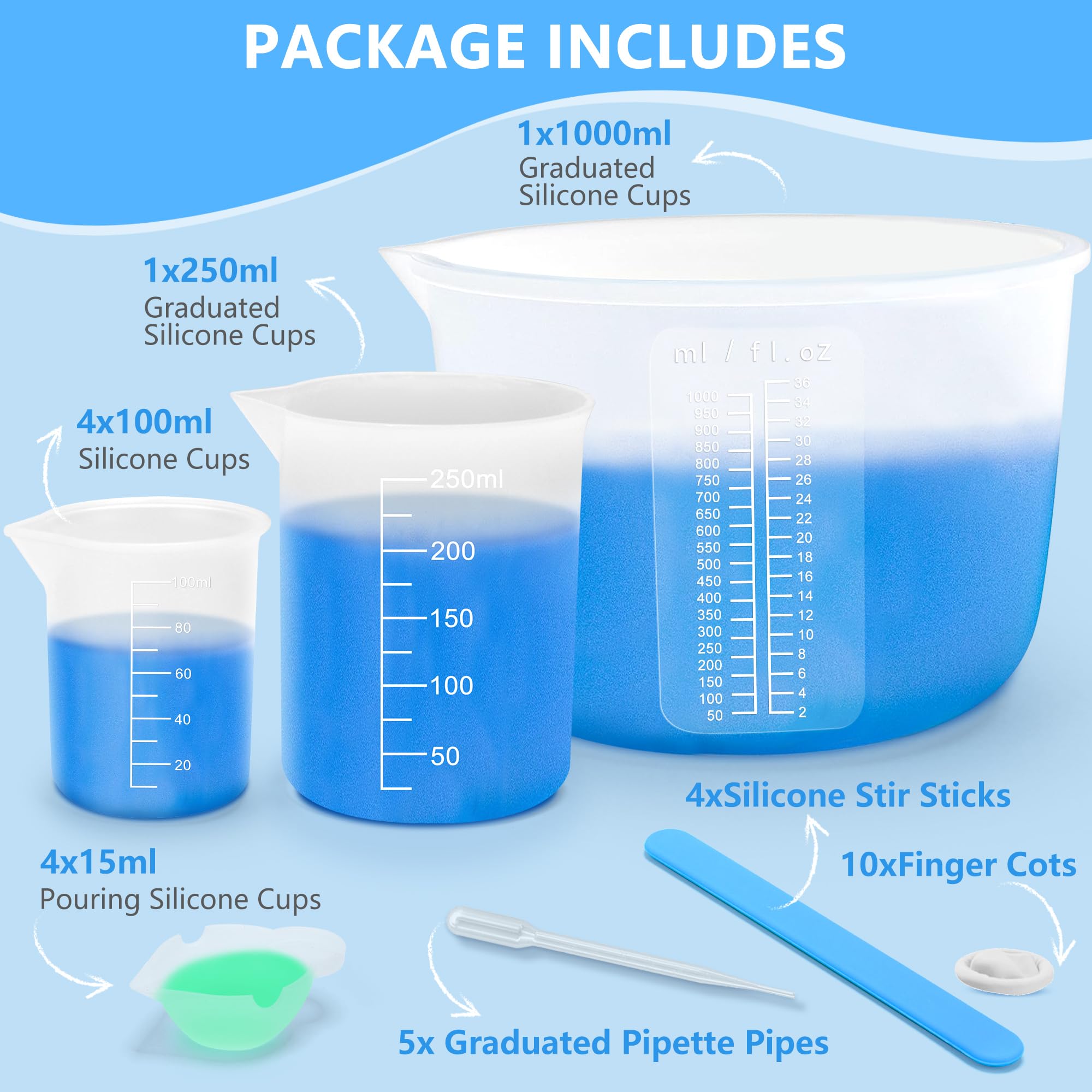 Siliconen maatbekers voor hars, 2 heldere schalen 1000 ml, 250 ml, 500 ml, 100 ml, siliconen maatbekers, siliconen roerstaafjes, herbruikbaar en gemakkelijk schoon te maken