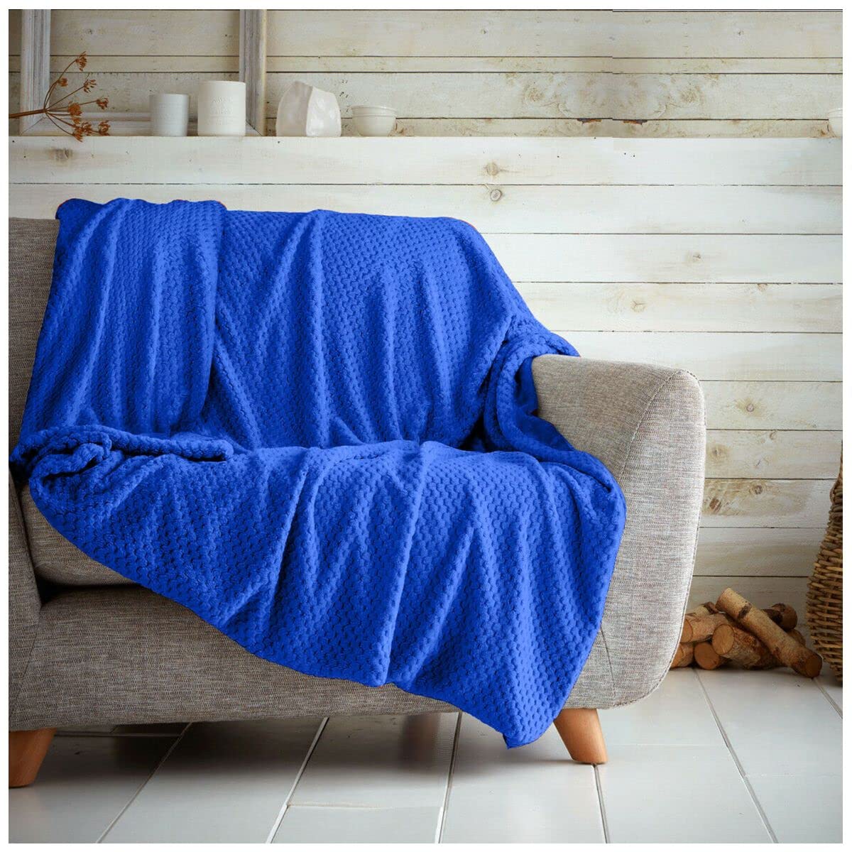 Luxury Waffle Popcorn Throw Teddy Fleece Blanket, Super Soft Sofa Bed Throws, 150X200 Cm, Electric Blue