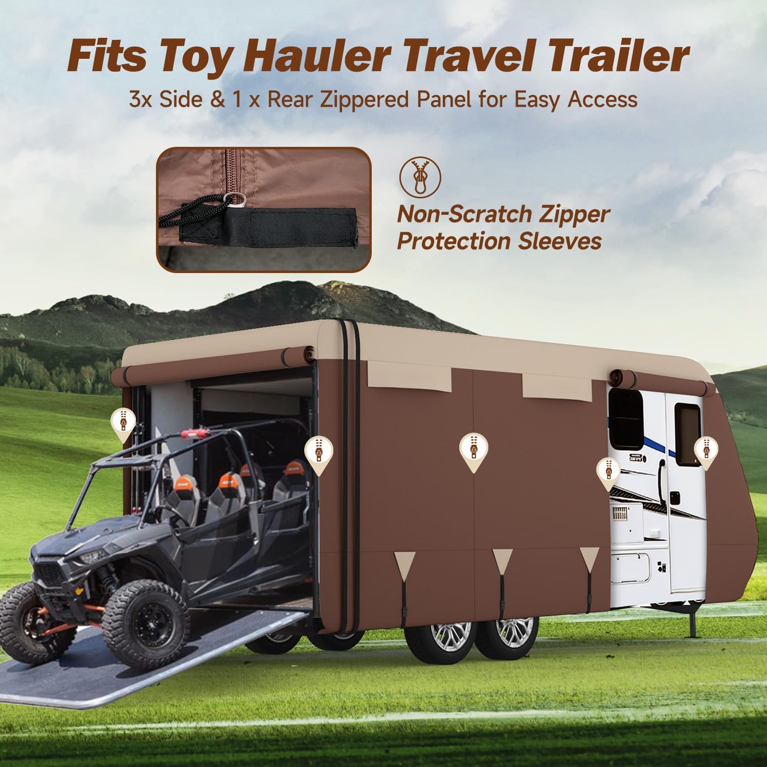 RV Cover Travel Trailer Cover: 19'-20' Camper Covers 7 Layers Top Windproof Waterproof Rip-Stop with Tongue Jack Cover, Gutter Cover, Extra Windproof Ropes, Brown